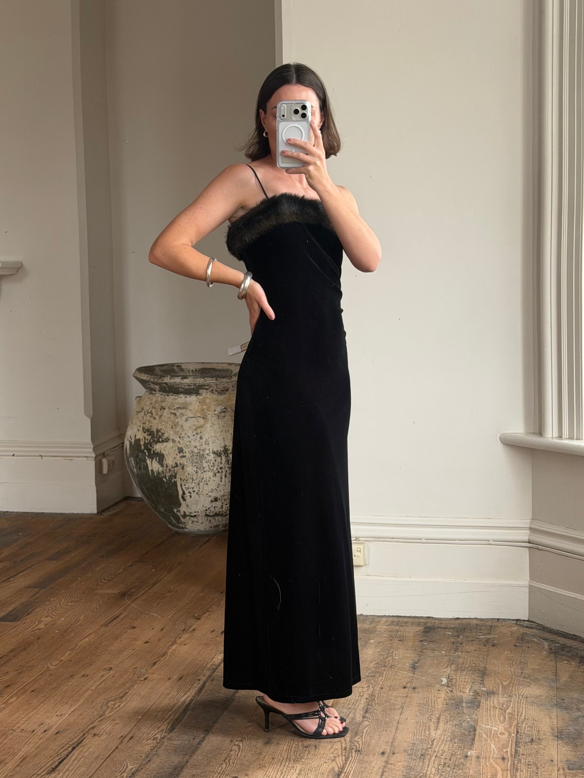 Vintage 90s Velvet Bodycon Maxi Dress with Fur Trim
