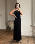 Vintage 90s Velvet Bodycon Maxi Dress with Fur Trim