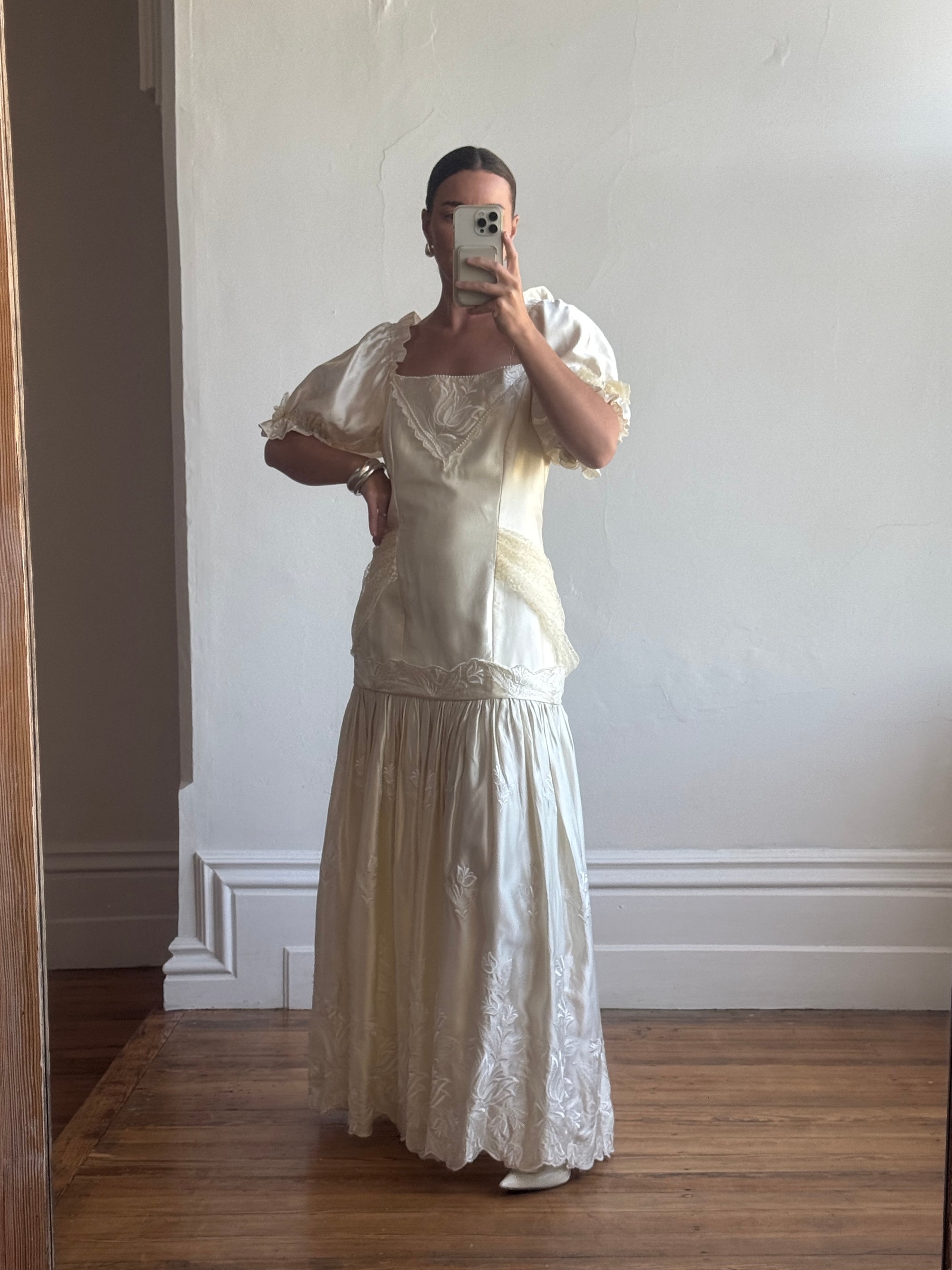 Vintage 80s Drop Waist Satin Jacquard Wedding Dress Call Me The Breeze Vintage 80s Drop Waist Satin Jacquard Wedding Dress Call Me The Breeze