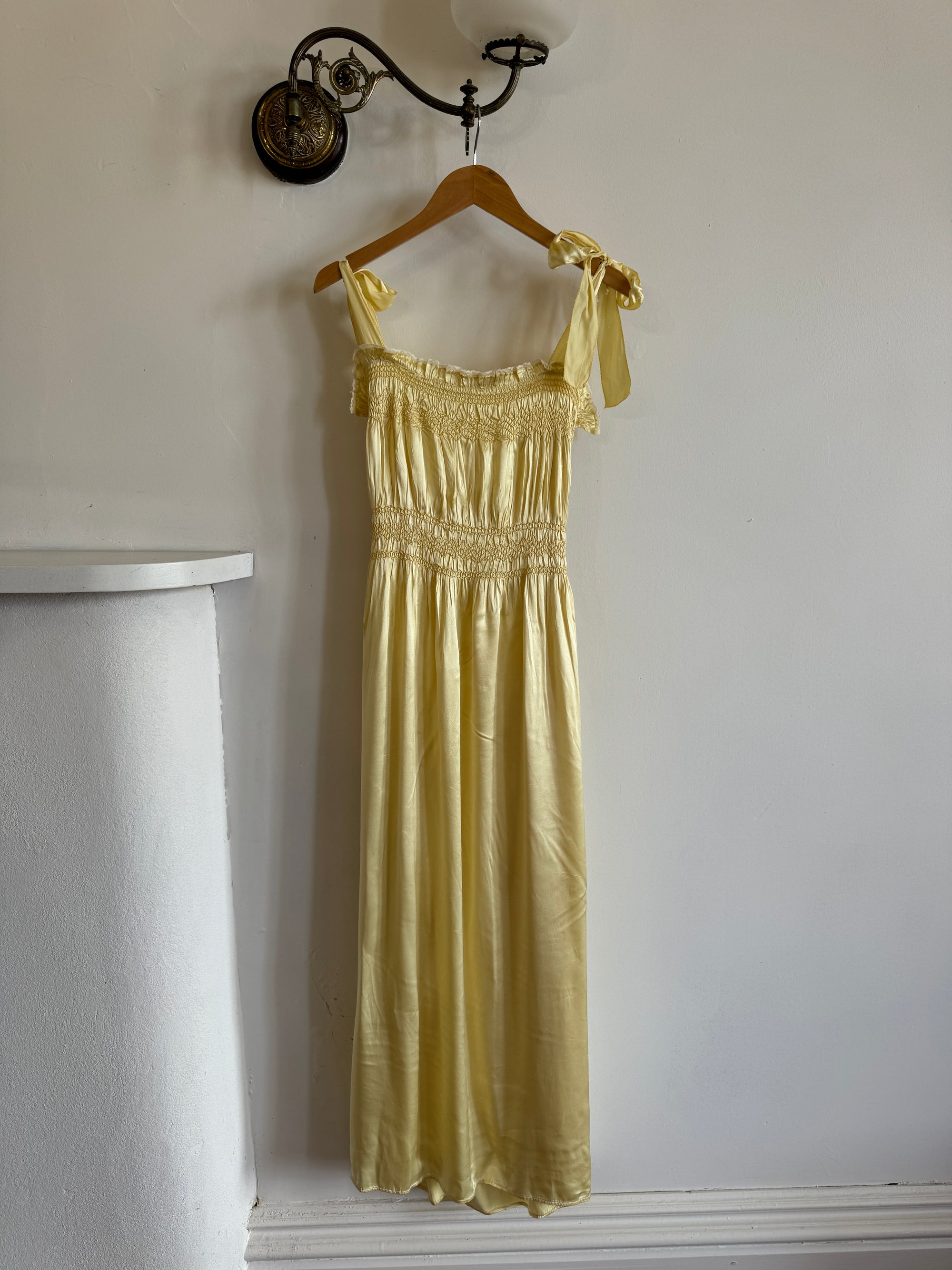 Vintage 40s Liquid Satin Shirred Dress With Ribbon Ties Yellow