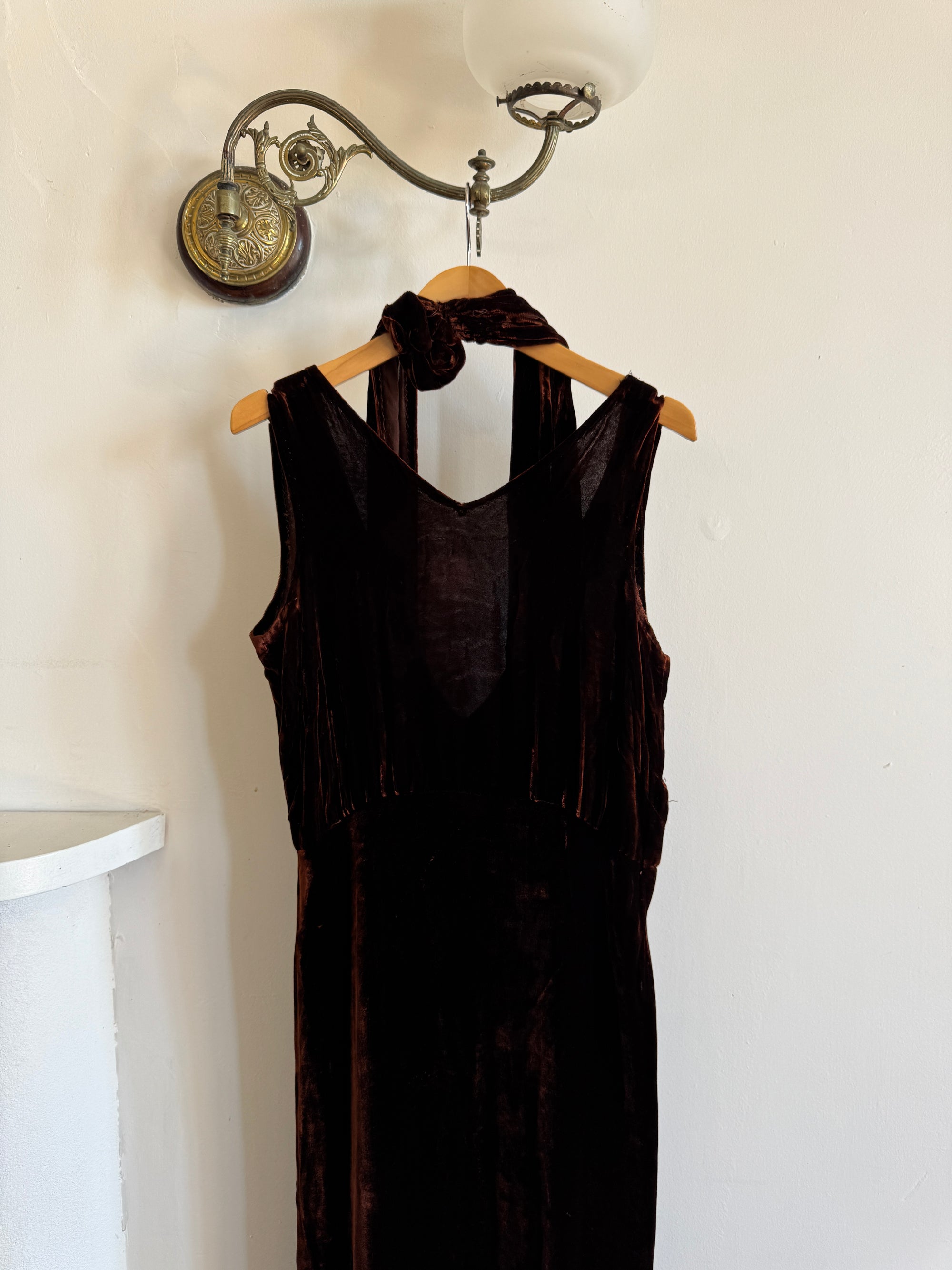 Vintage 30s Brown Velvet Bias Cut Dress With Rosette tie