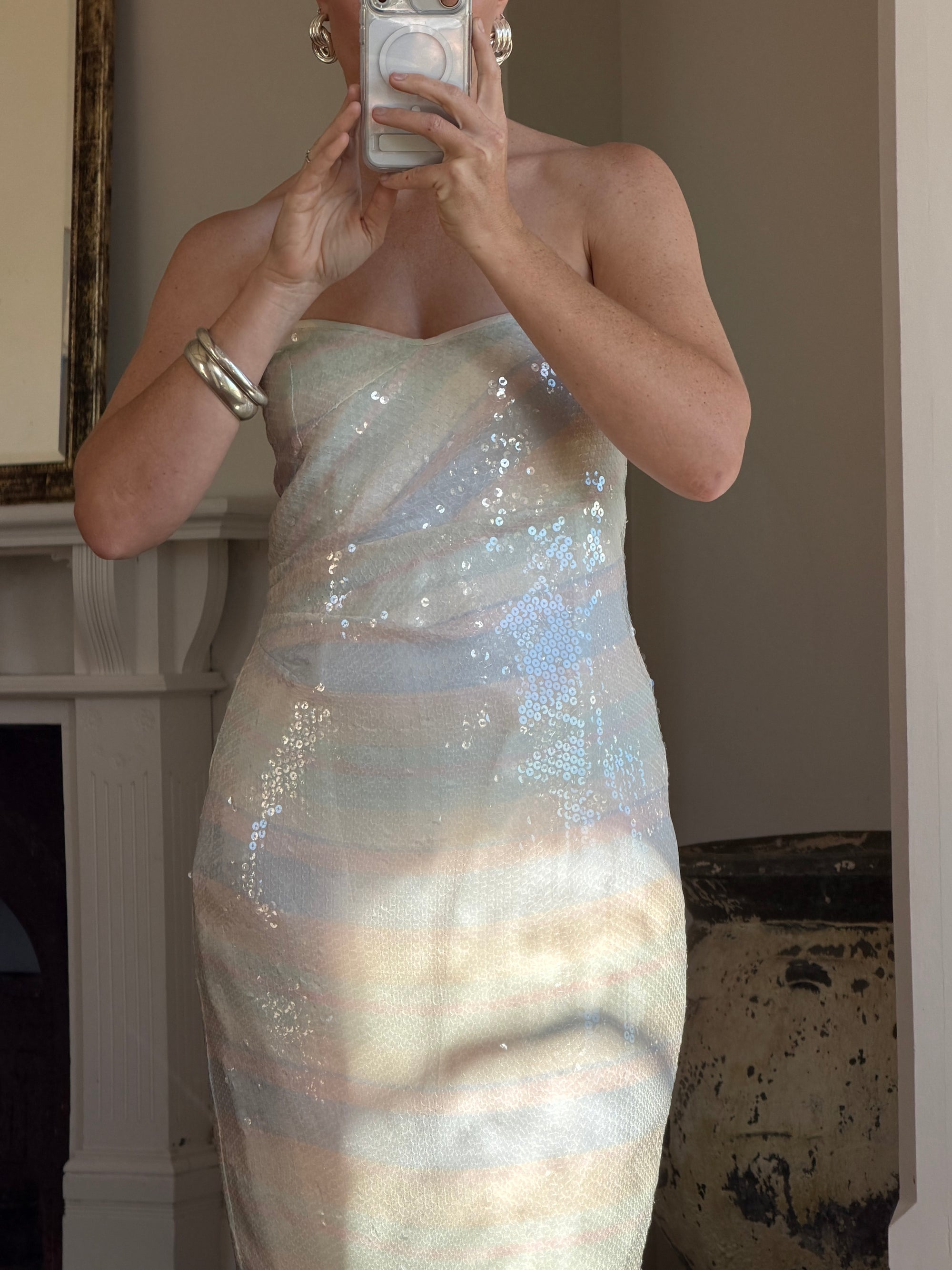 Vintage 90s Pure Silk Pastel Sequin Party Dress