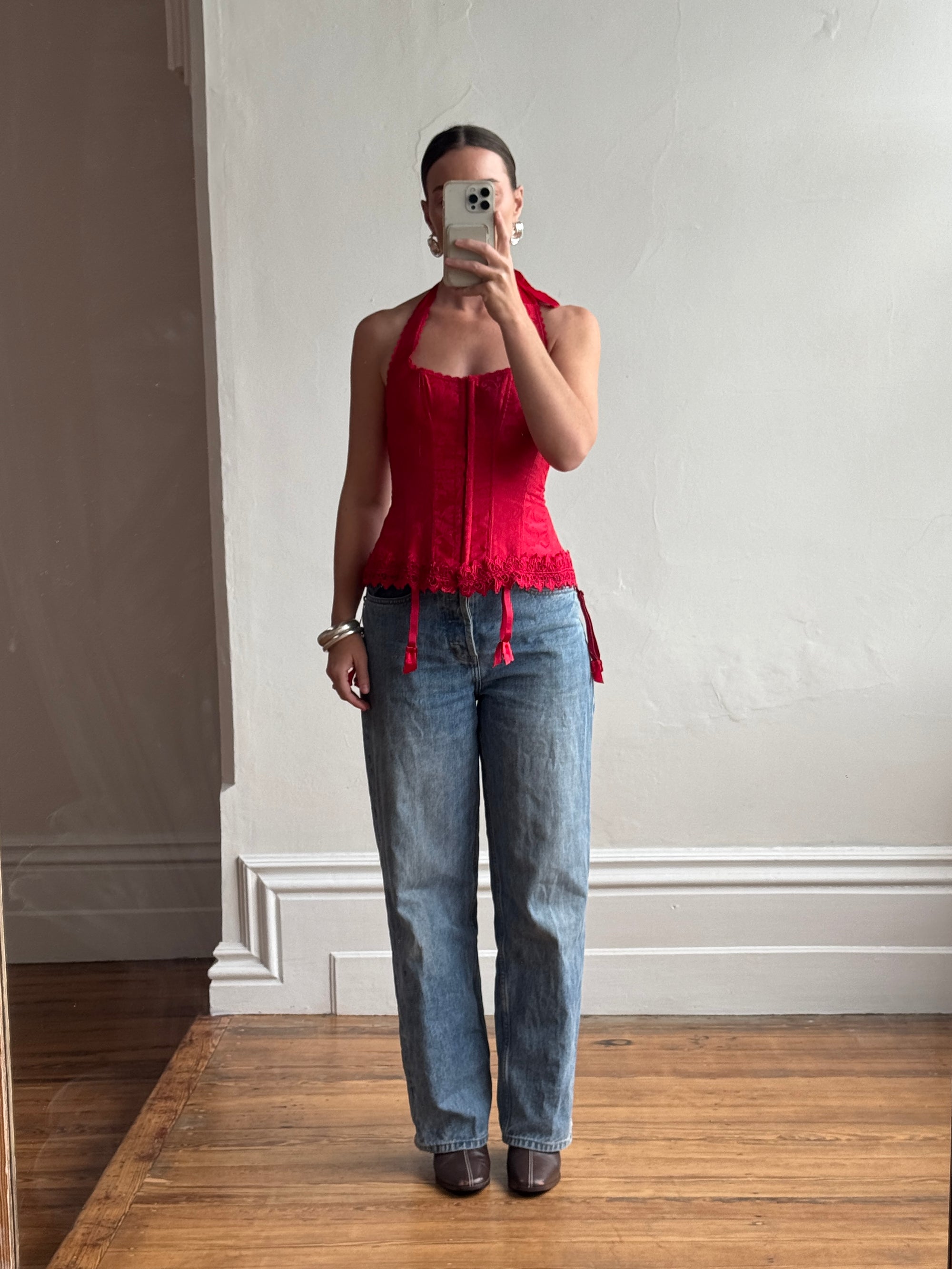 Vintage Y2K Halter Lace Up Corset Red