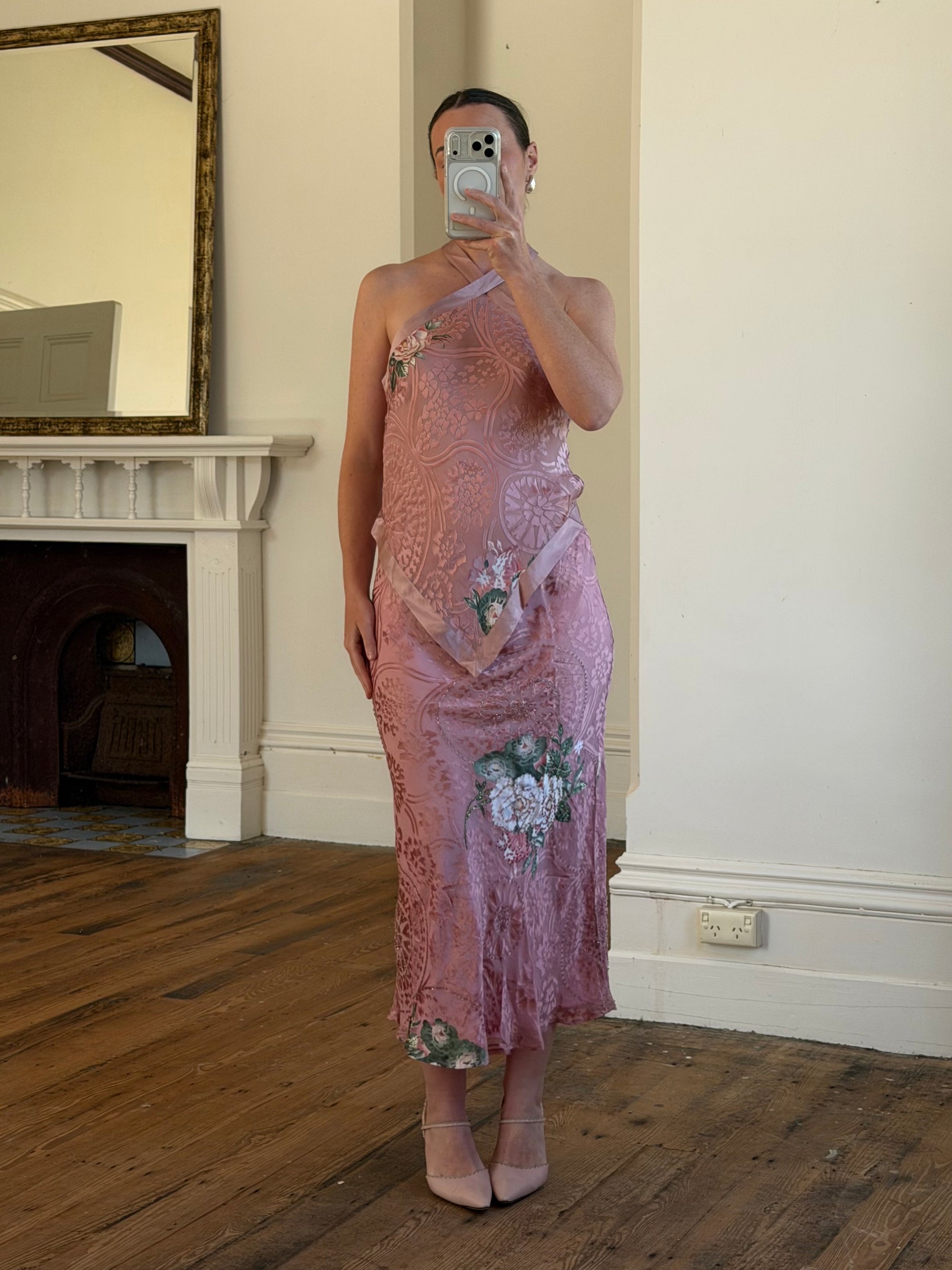 Vintage 90s Dusty Rose Floral Silk Halter Scarf Top and Skirt Set