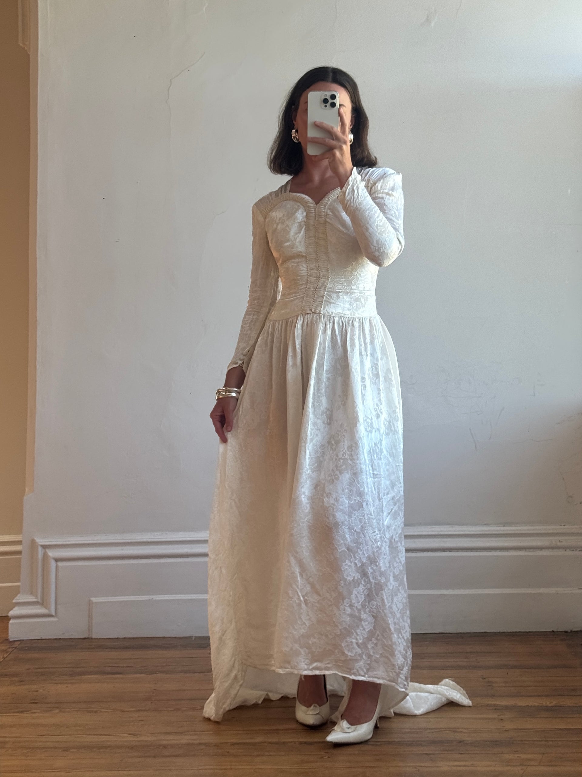 knee length dresses for ladies Vintage 40s Jacquard Long Sleeve Wedding Dress – Call Me The Breeze
