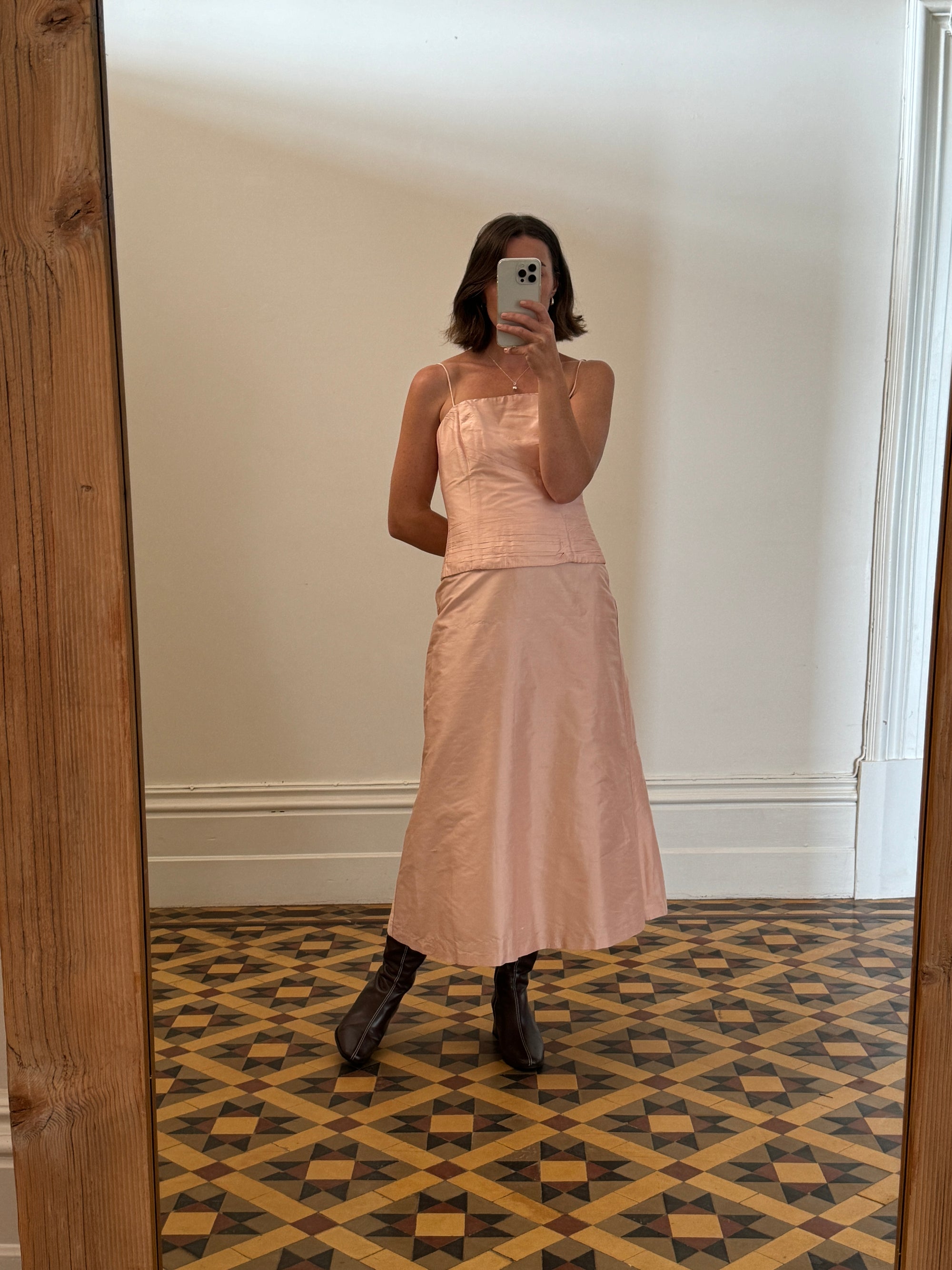 Vintage Pink Pure Silk High Waist Midi Skirt