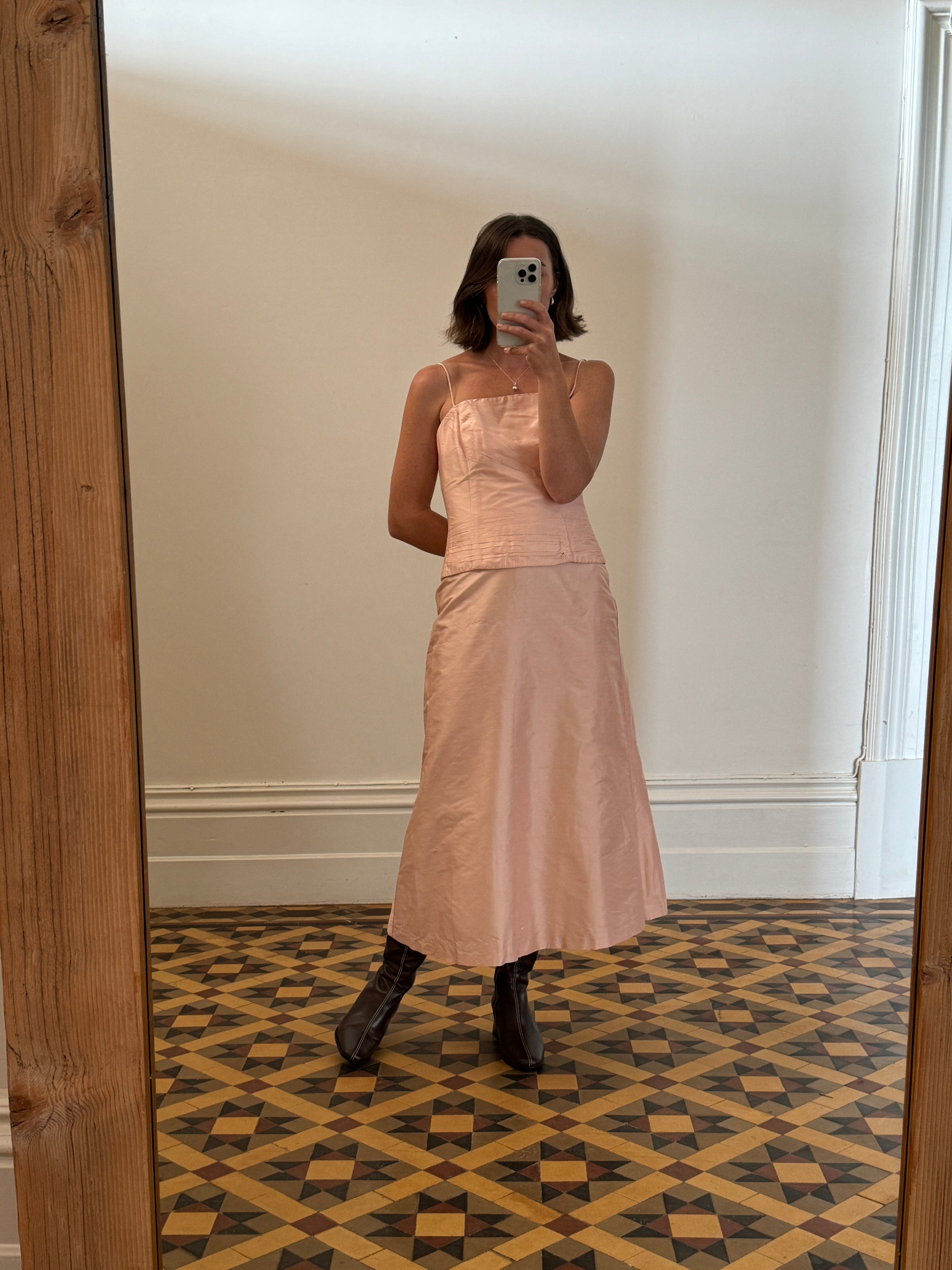 Vintage Pink Pure Silk High Waist Midi Skirt