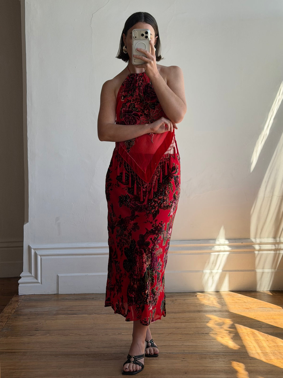 Vintage Y2K Burnt Velvet Beaded Fringe Halter and Skirt Set Crimson