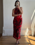 Vintage Y2K Burnt Velvet Beaded Fringe Halter and Skirt Set Crimson