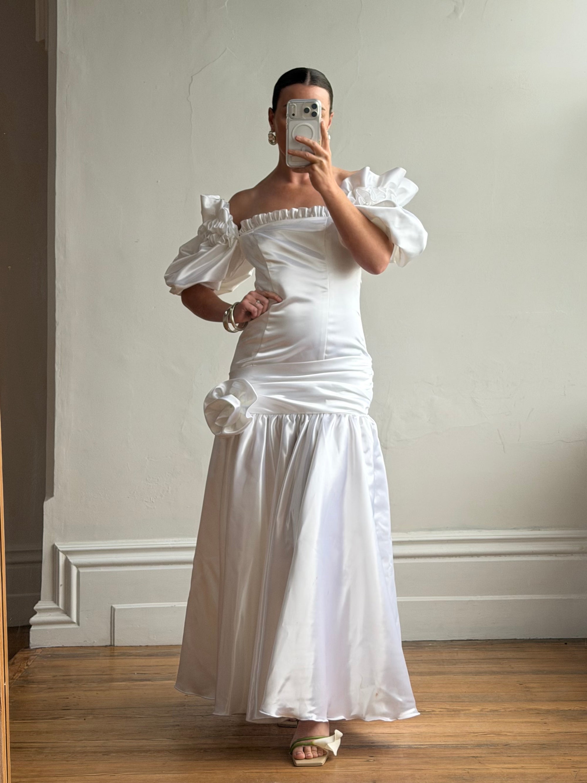 Vintage 80s Satin Drop Waist Wedding Gown