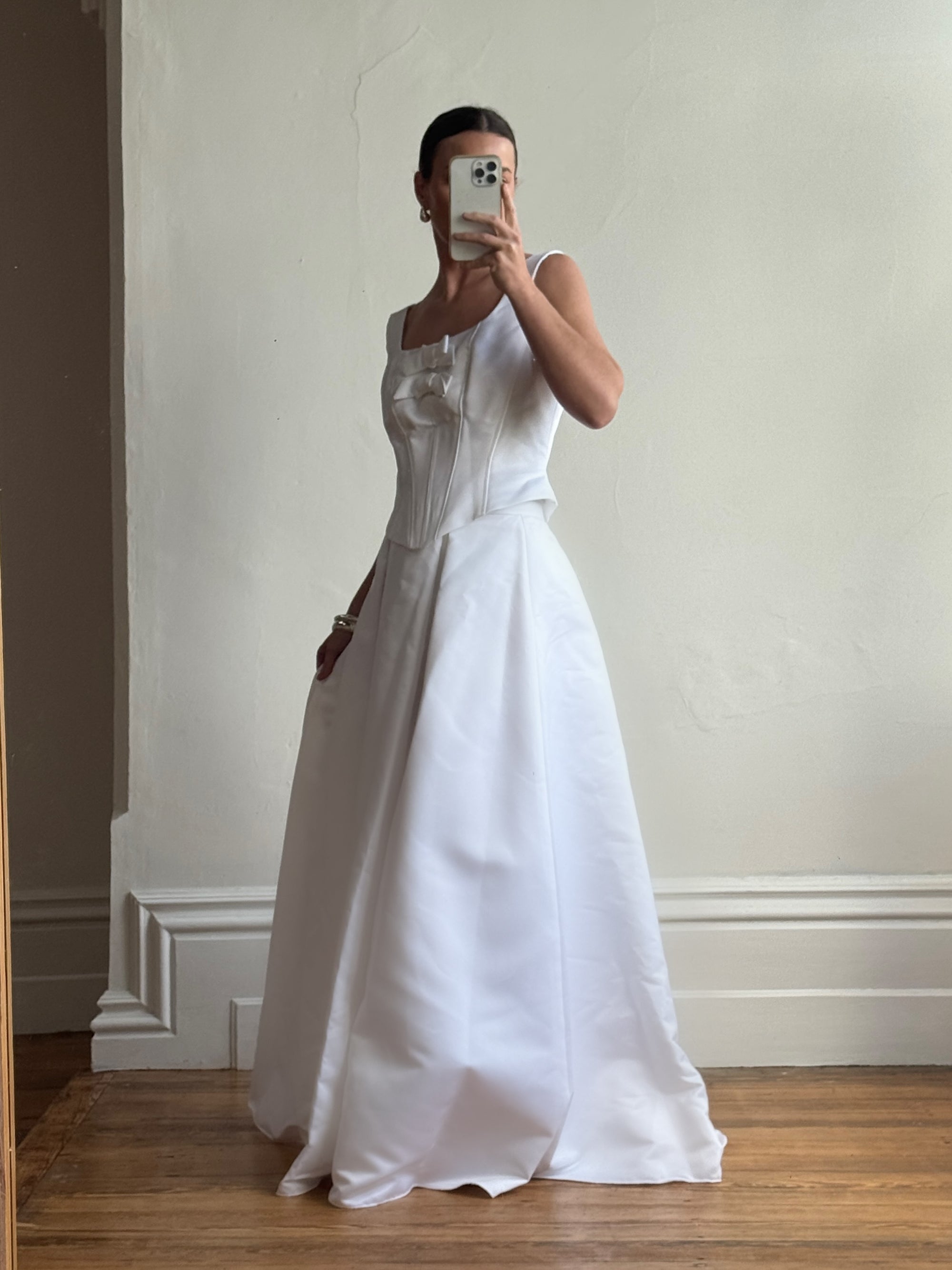 Vintage 90s White Satin Double Bow Two Piece Wedding Gown