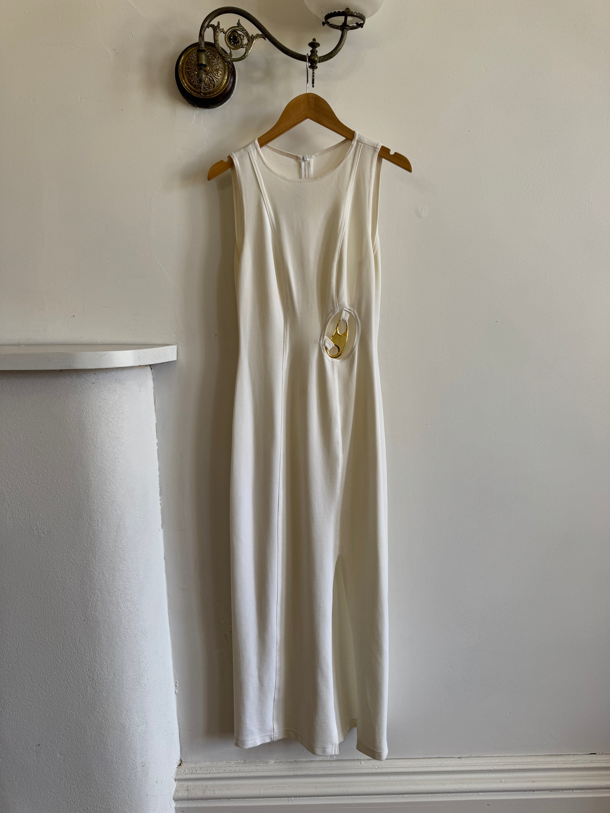Vintage 90s Body Con Ivory Dress with Gold Hardware