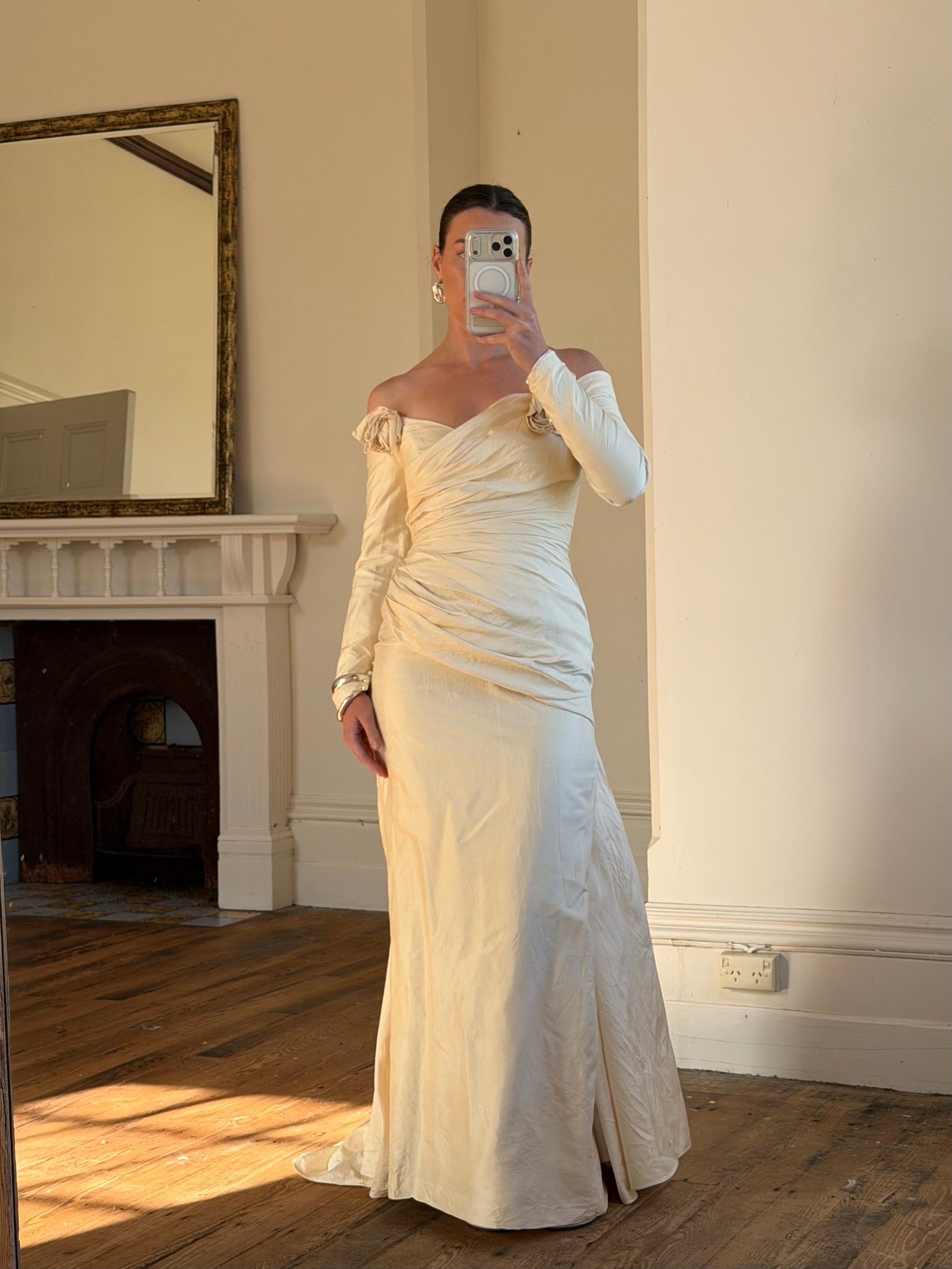 Vintage 90s Silk Rosette Off Shoulder Gown With Bow Train