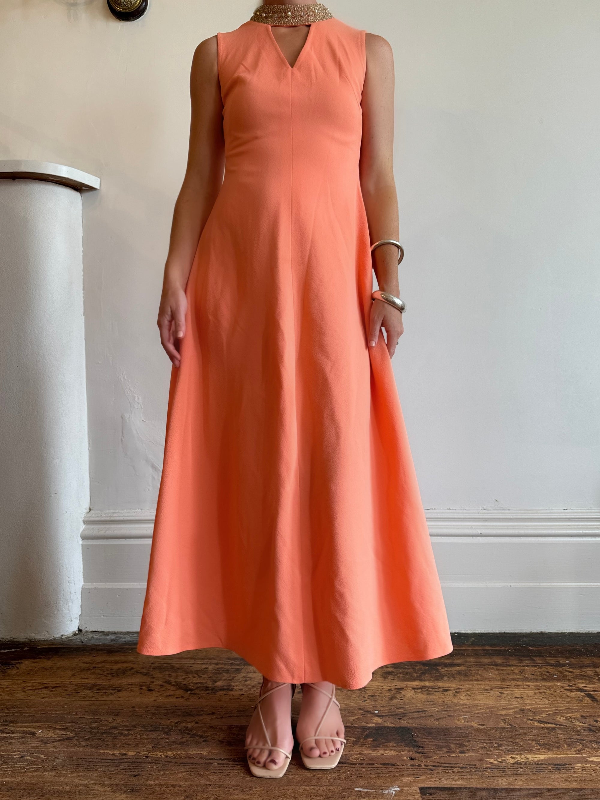 Vintage 70s Rhinestone Collared Sleeveless Dress Coral