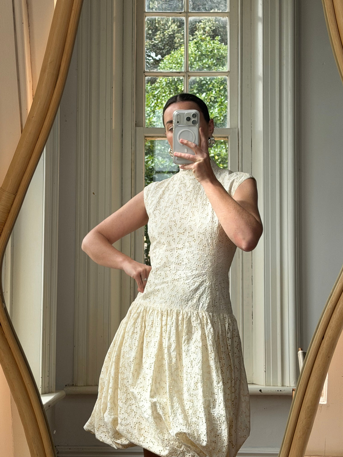 Vintage 90s Cream Broderie Anglaise Bubble Mini Dress