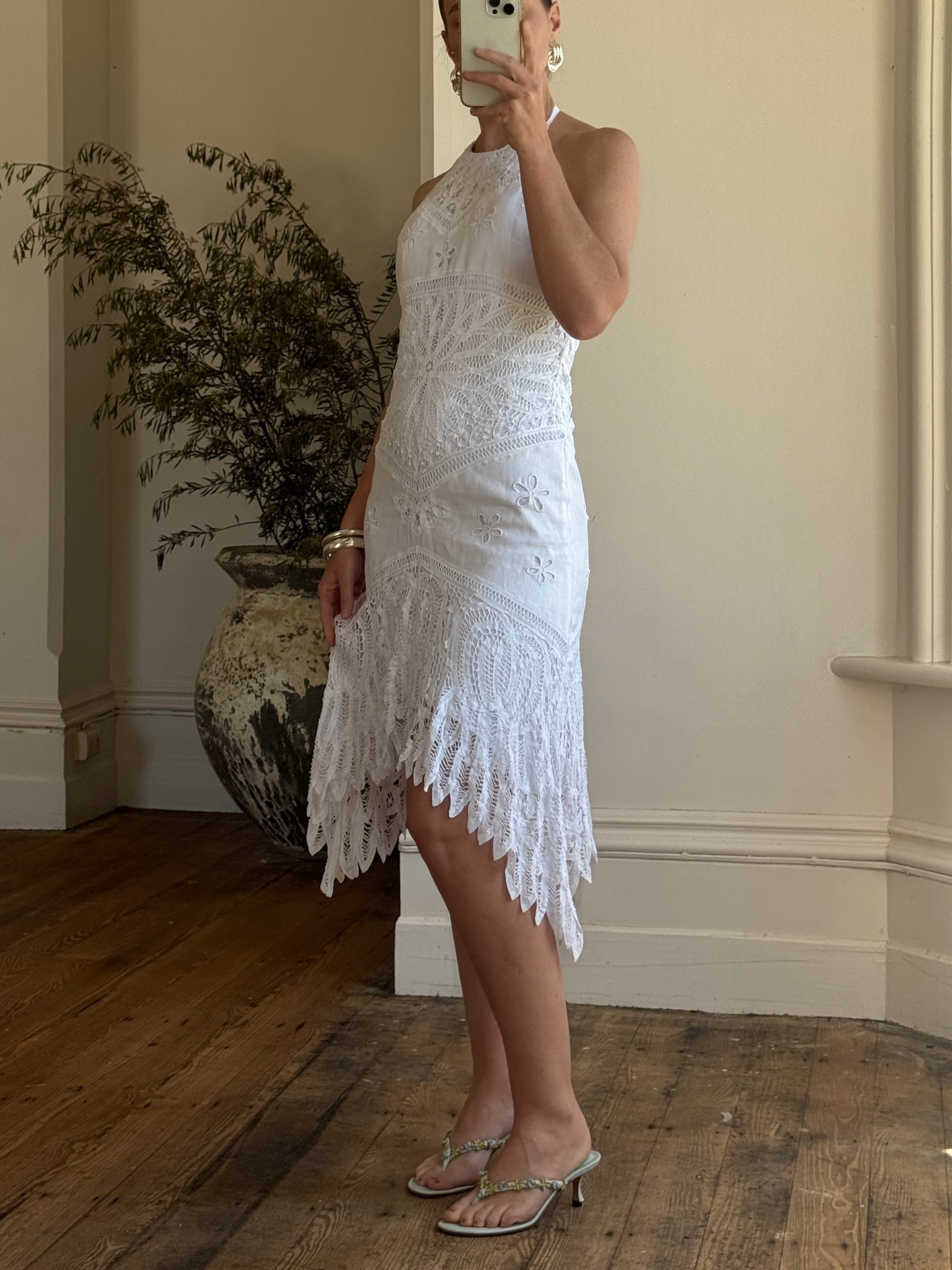 Vintage 90s Crochet Linen Handkerchief Halter Dress