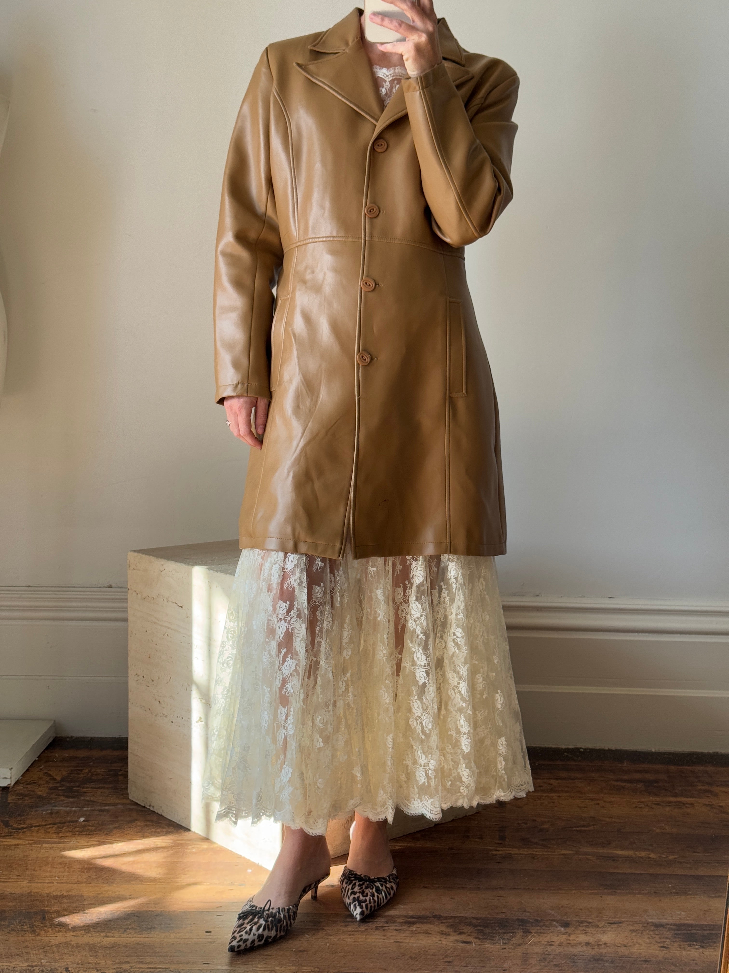Vintage Y2K Tan Faux Leather Trench Coat