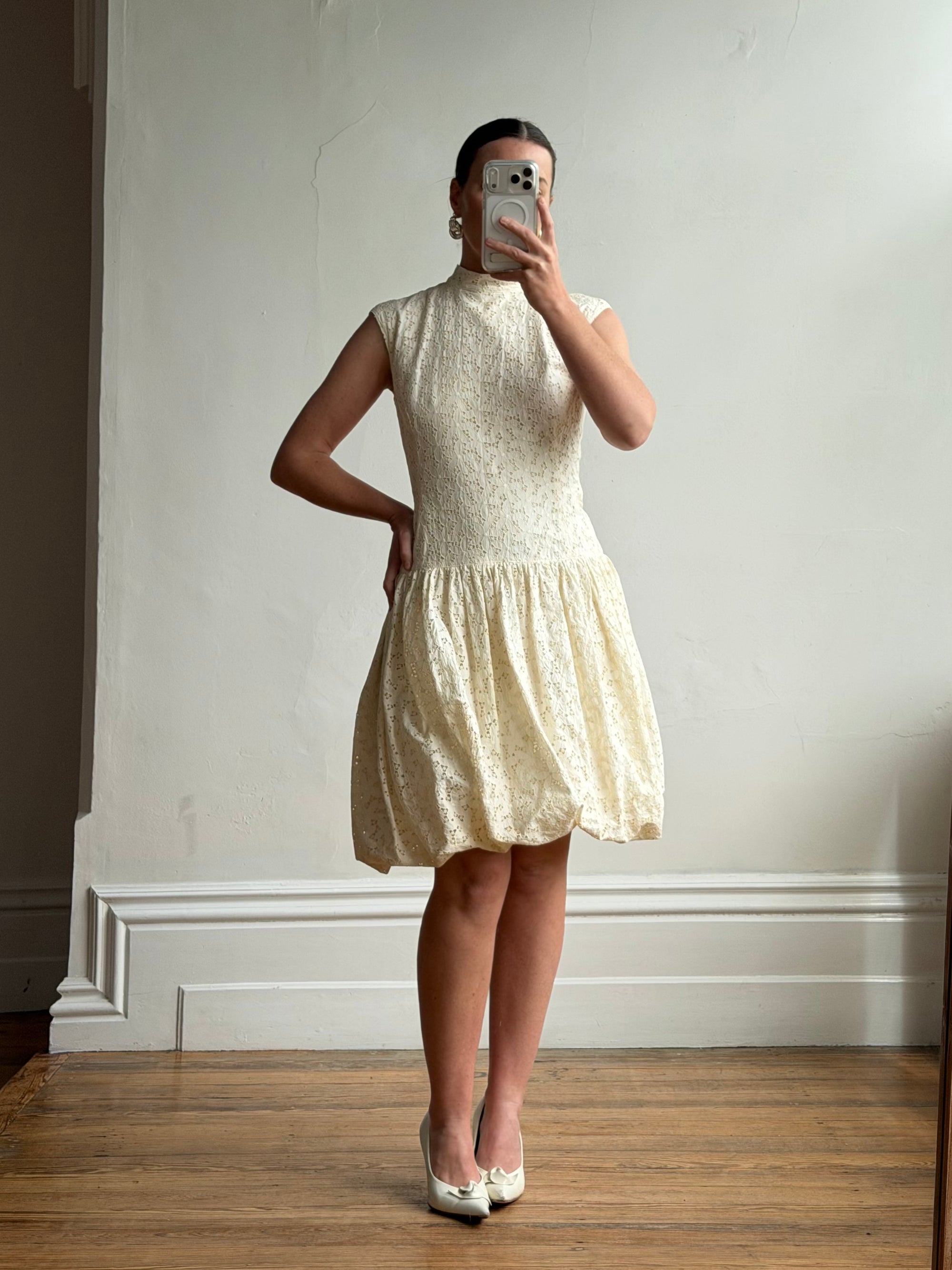 Vintage 90s Cream Broderie Anglaise Bubble Mini Dress