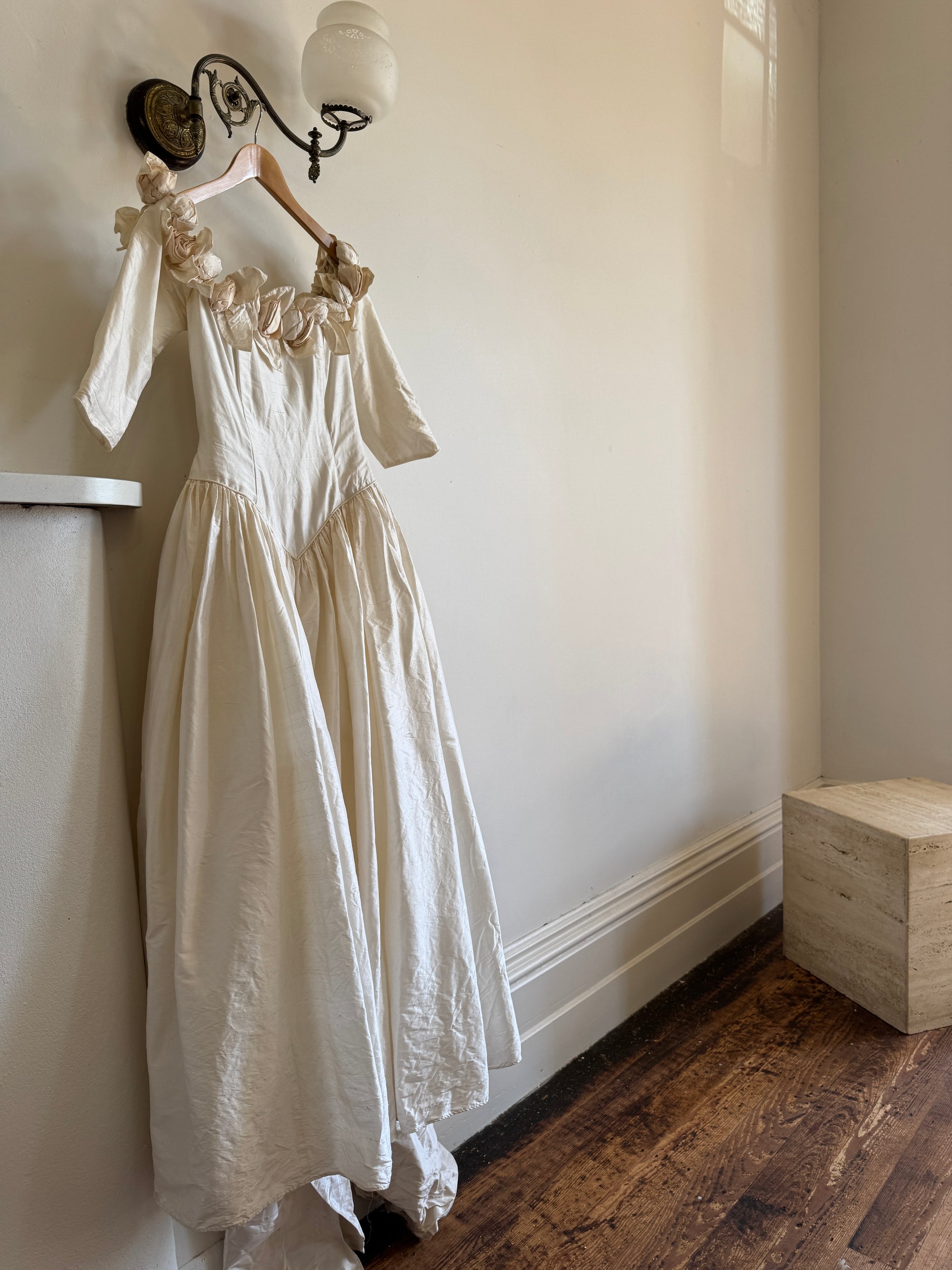 Vintage 80s Pure Silk Rosette Off Shoulder Gown