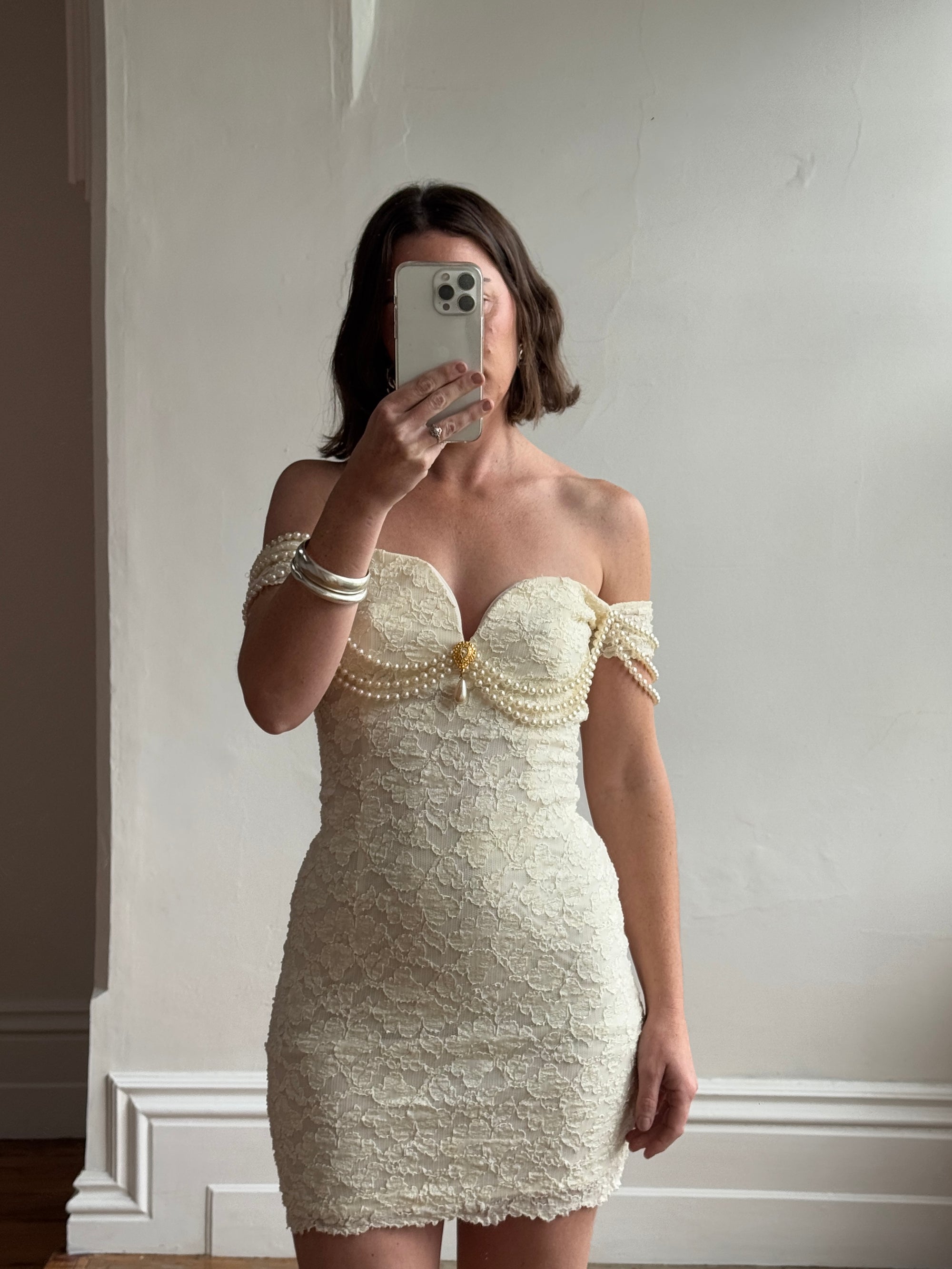 Vintage 80s Draped Pearl Body Con Mini Creme