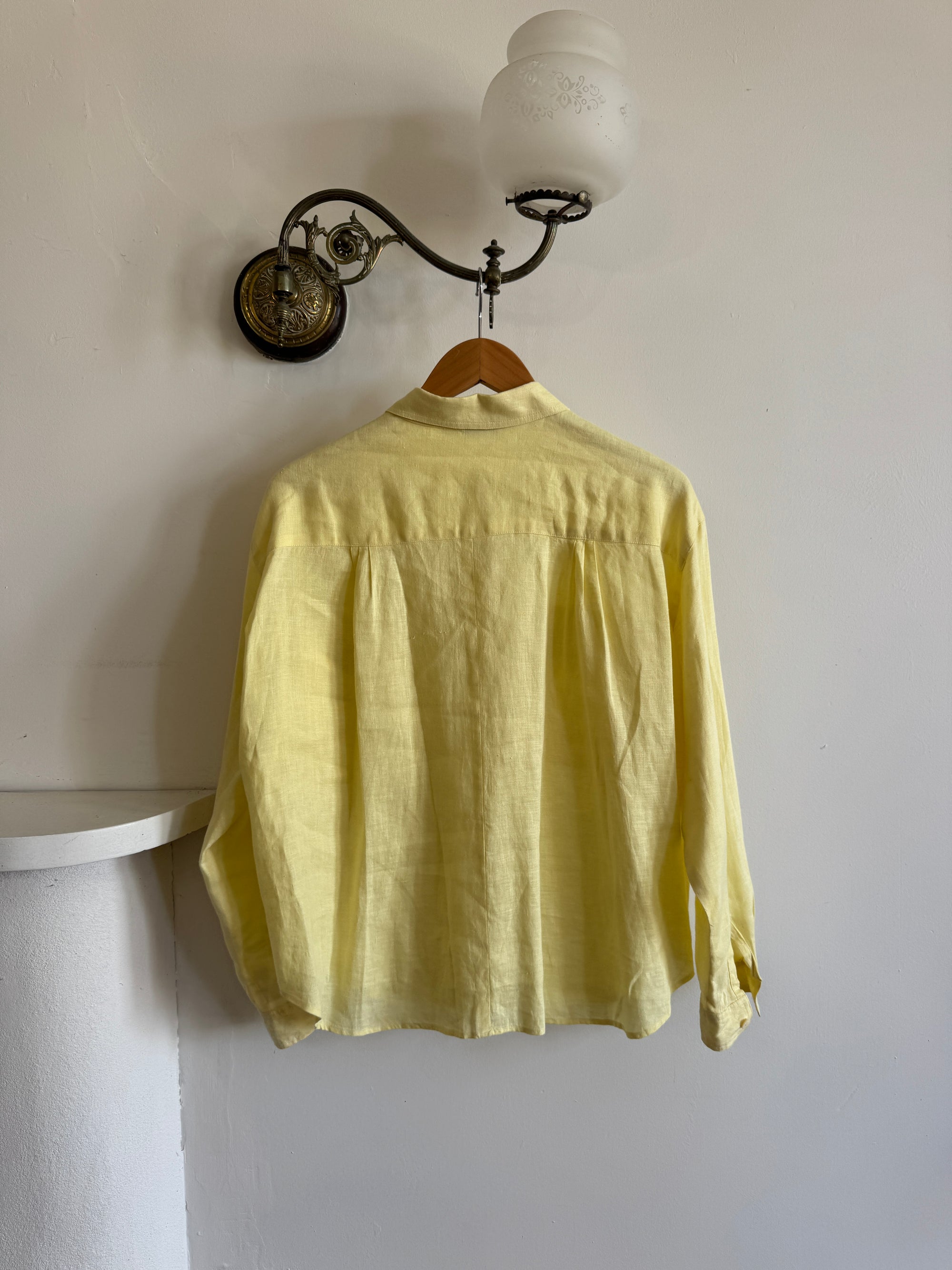 Vintage 90s Pure Linen Button Up Shirt Blouse Lemon