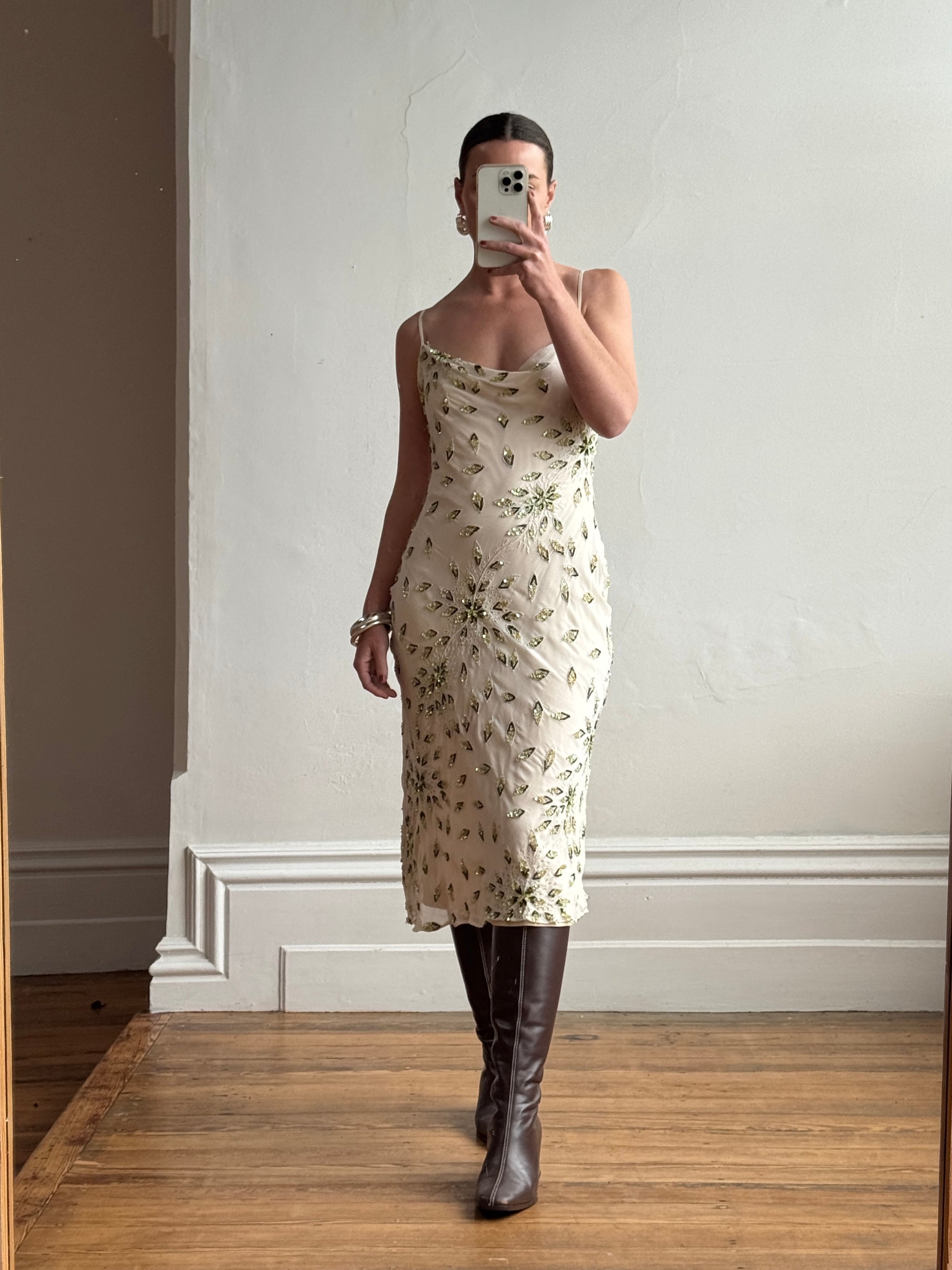 Vintage 90s Pure Silk Sequin Leaf Cowl Neck Dress