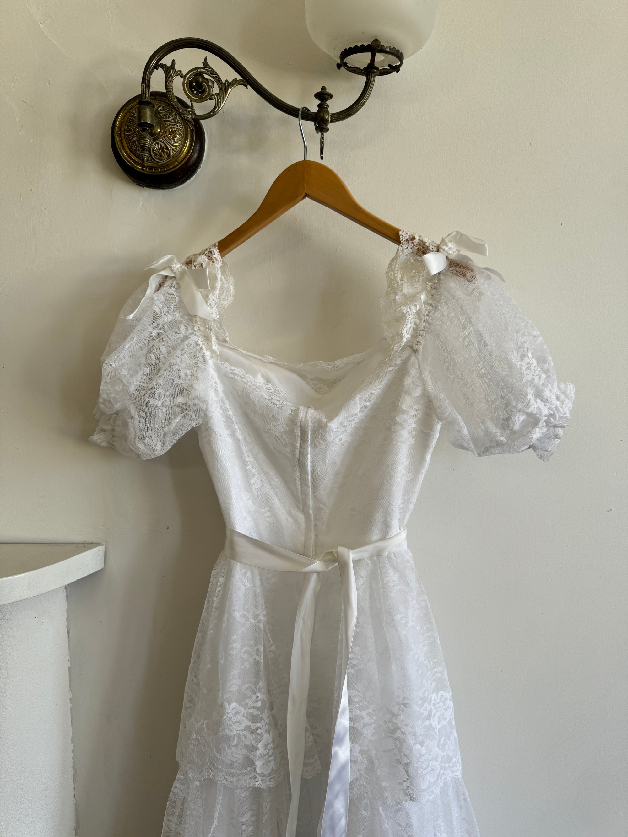 Vintage 70s Tiered Lace Wedding Dress With Ribbon