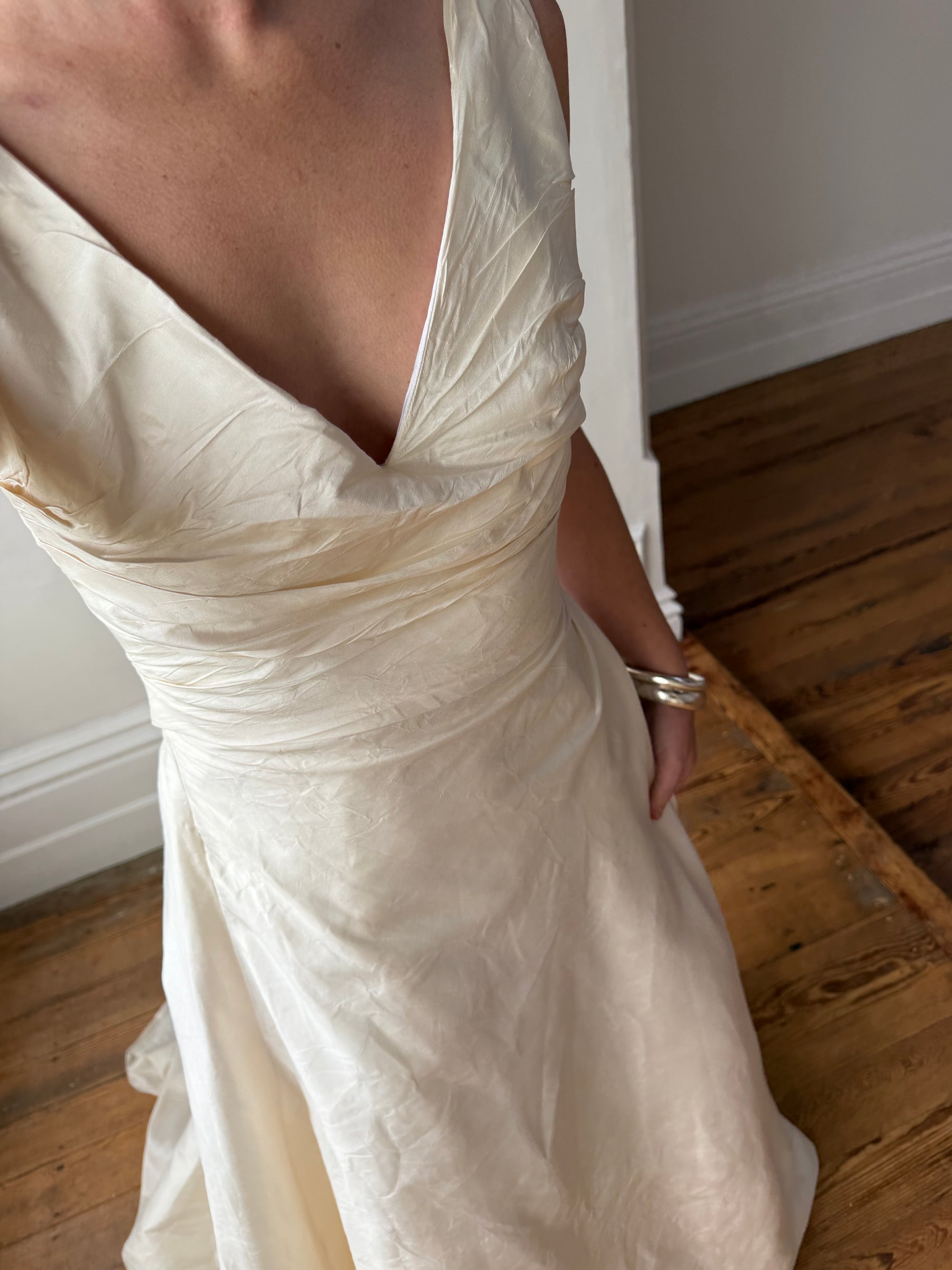 Vintage 90s Ivory Silk V-Neck A-Line Wedding Gown