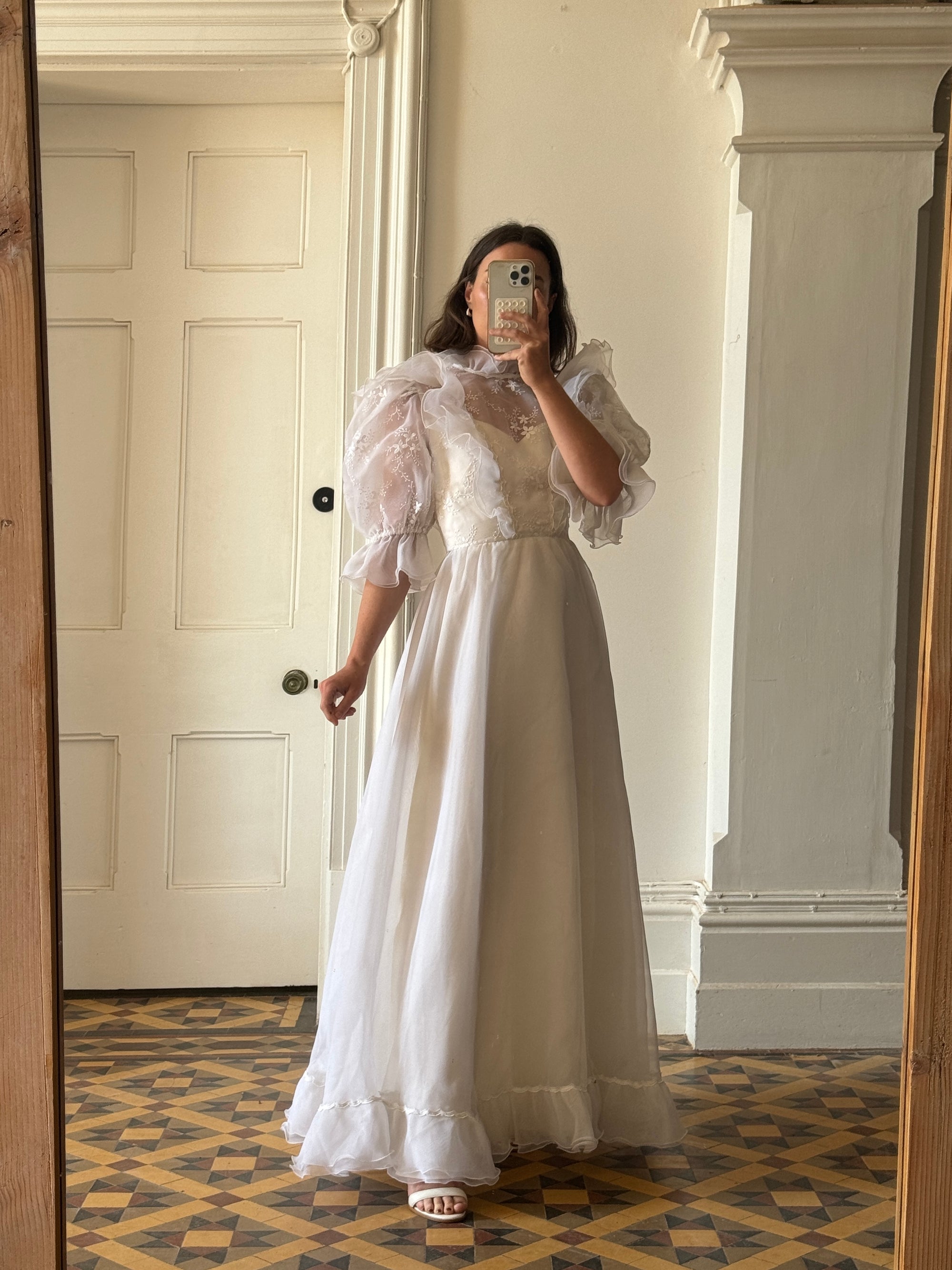 Vintage 80s Ruffled Sheer Organza Wedding Dress