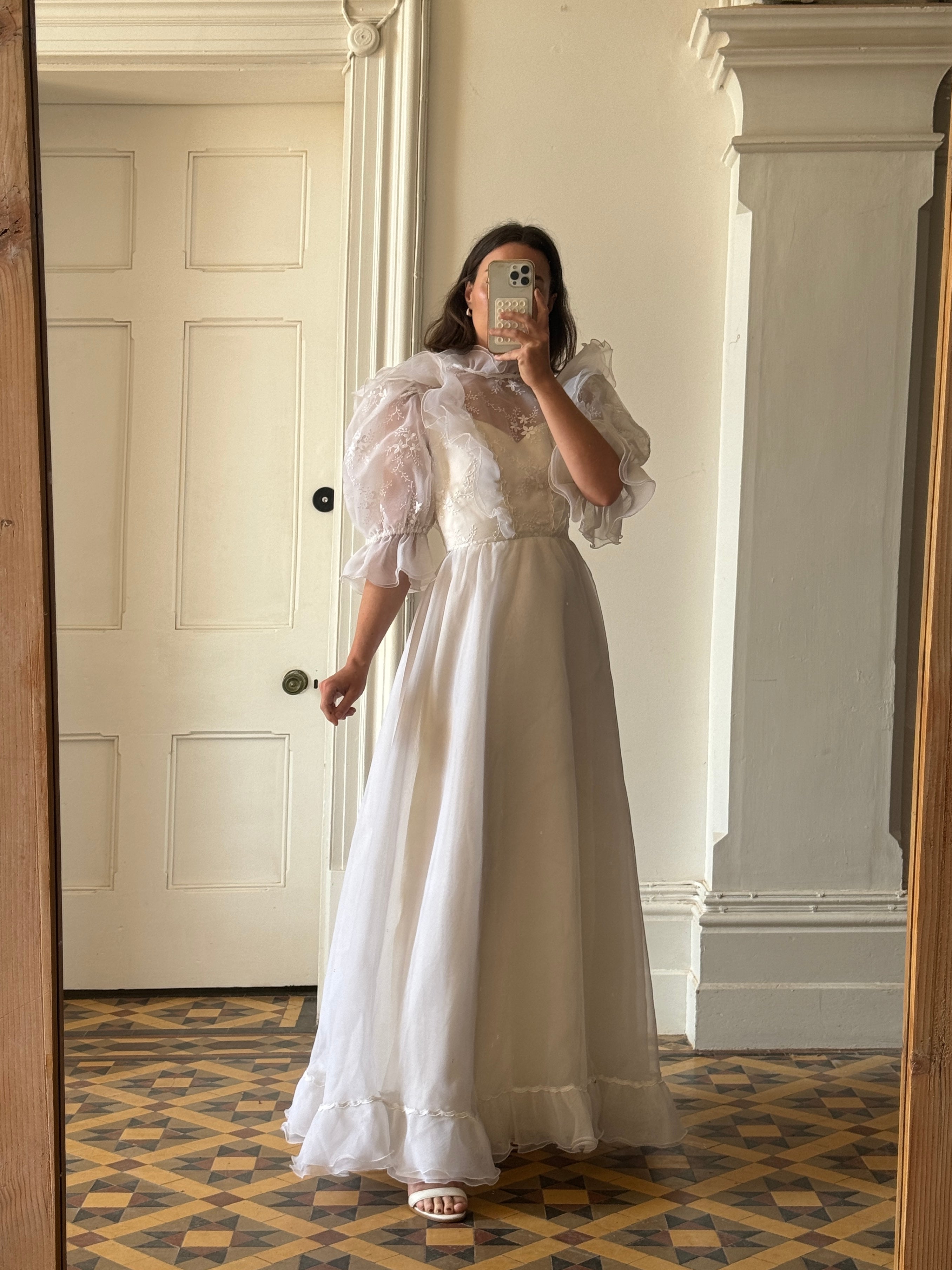Vintage 80s Ruffled Sheer Organza Wedding Dress