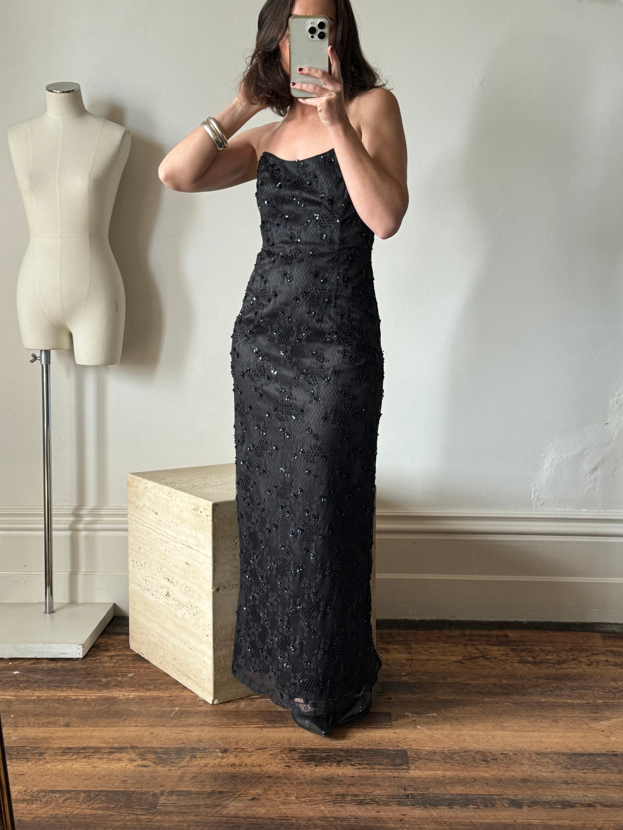 Vintage Australian Made 90s Strapless Beaded Lace Dress