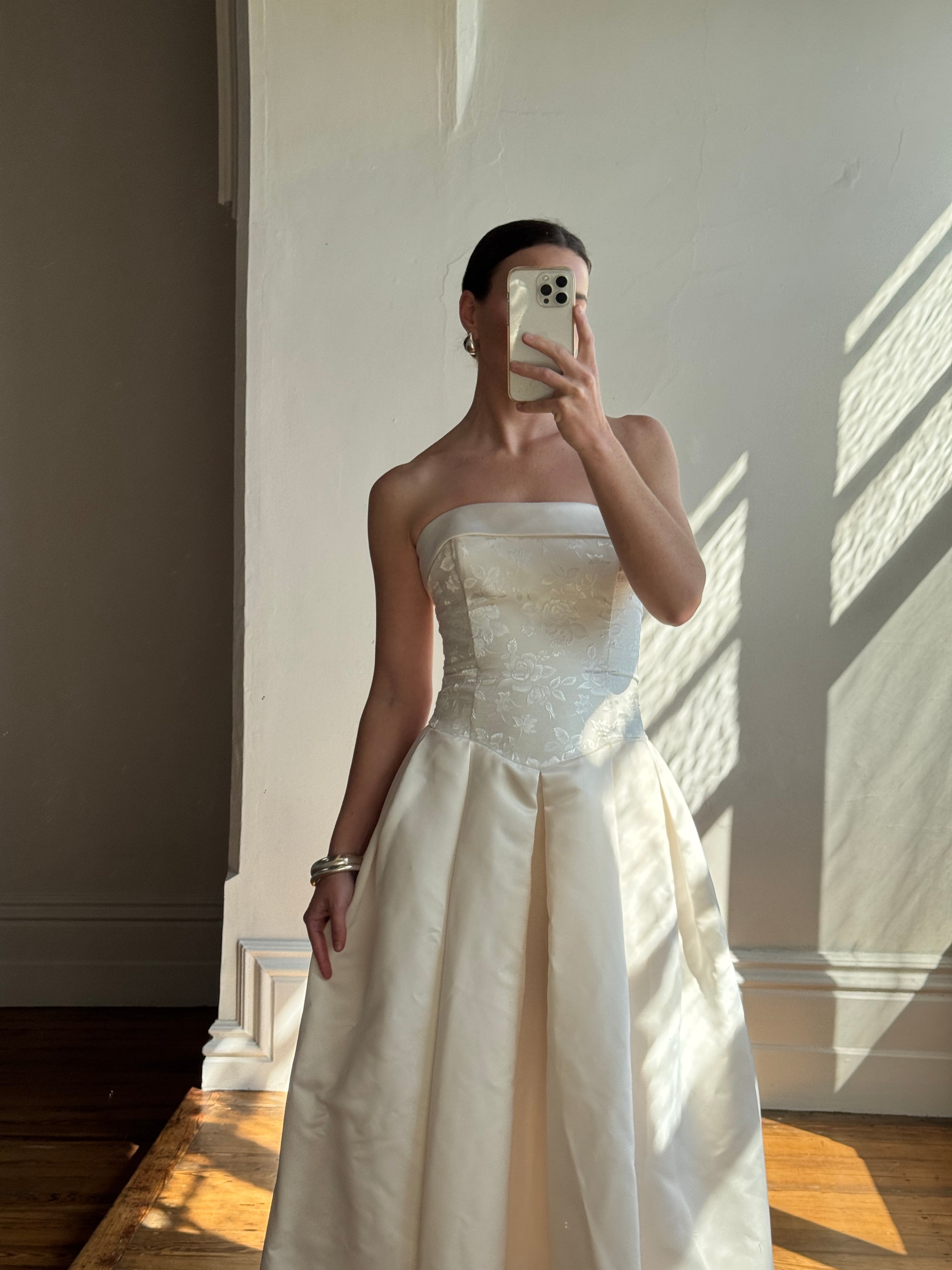 Vintage 90s Strapless Jacquard Satin Princess Wedding Dress
