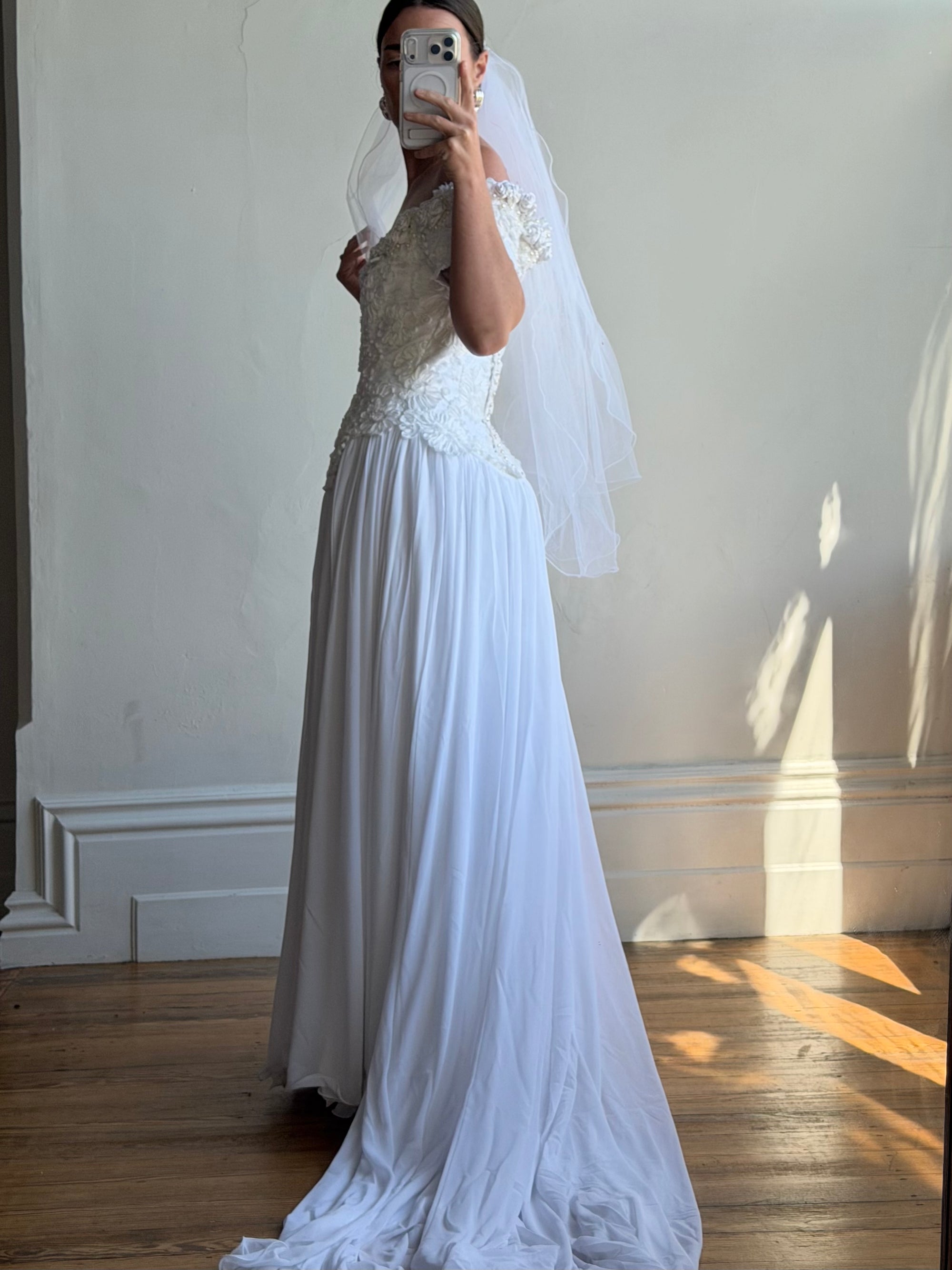 Vintage 80s 3D Floral Off Shoulder Bridal Gown and Veil