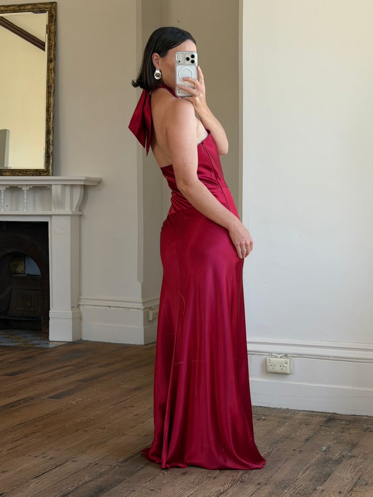Vintage 90s Crimson Satin Ruched Bias Gown