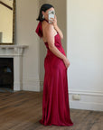 Vintage 90s Crimson Satin Ruched Bias Gown