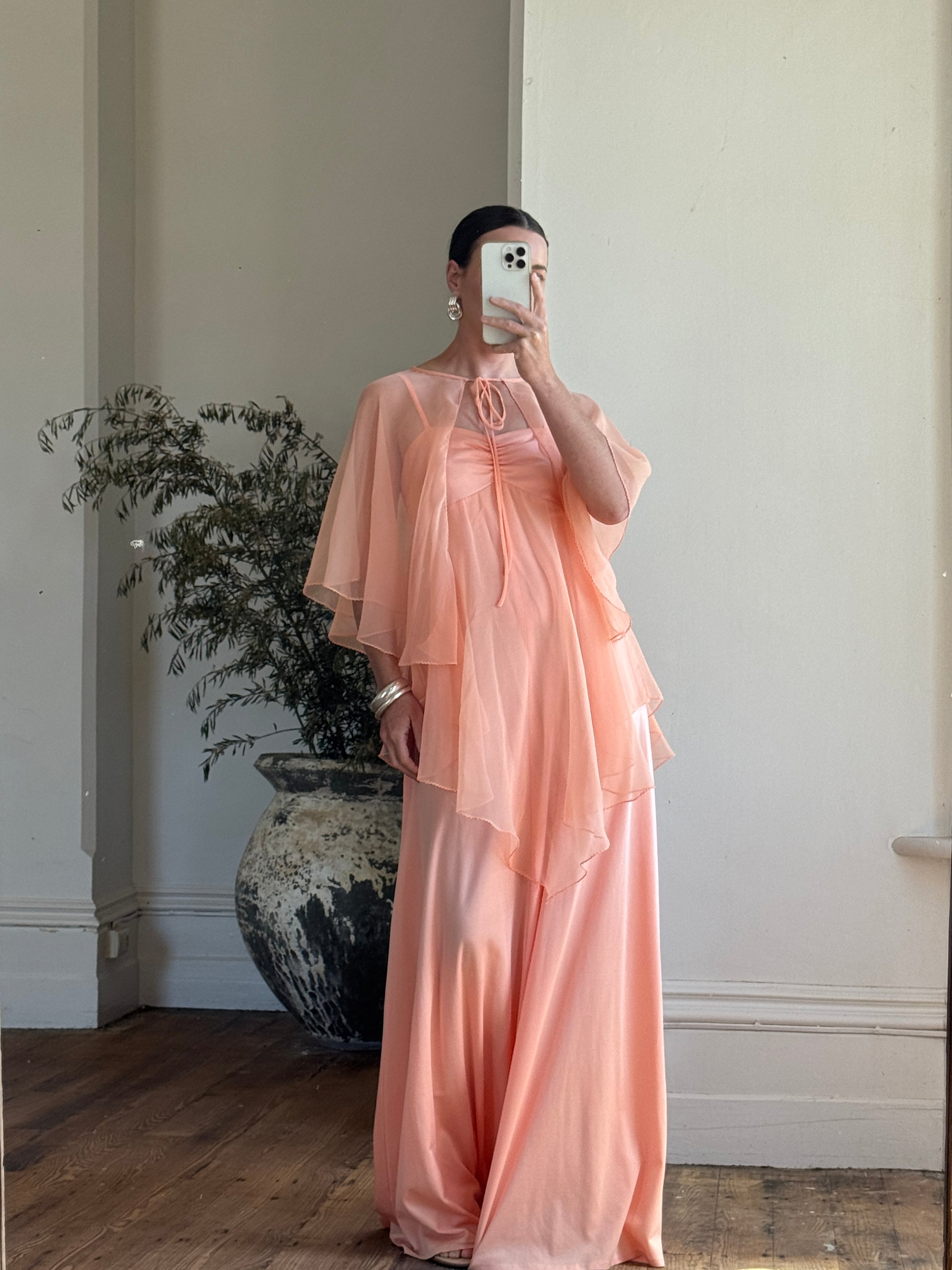 Vintage 70s Apricot Maxi Dress with Sheer Cape