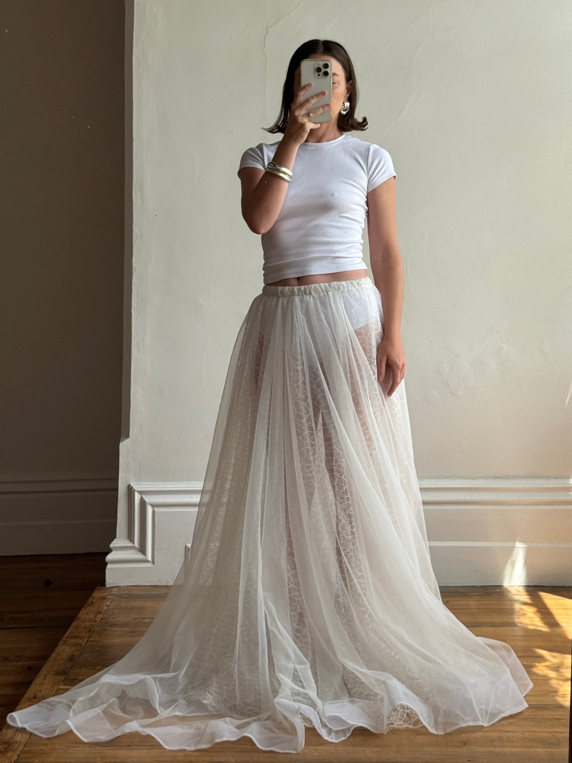 Vintage 80s Sheer Organza Webbed Lace Bridal Skirt