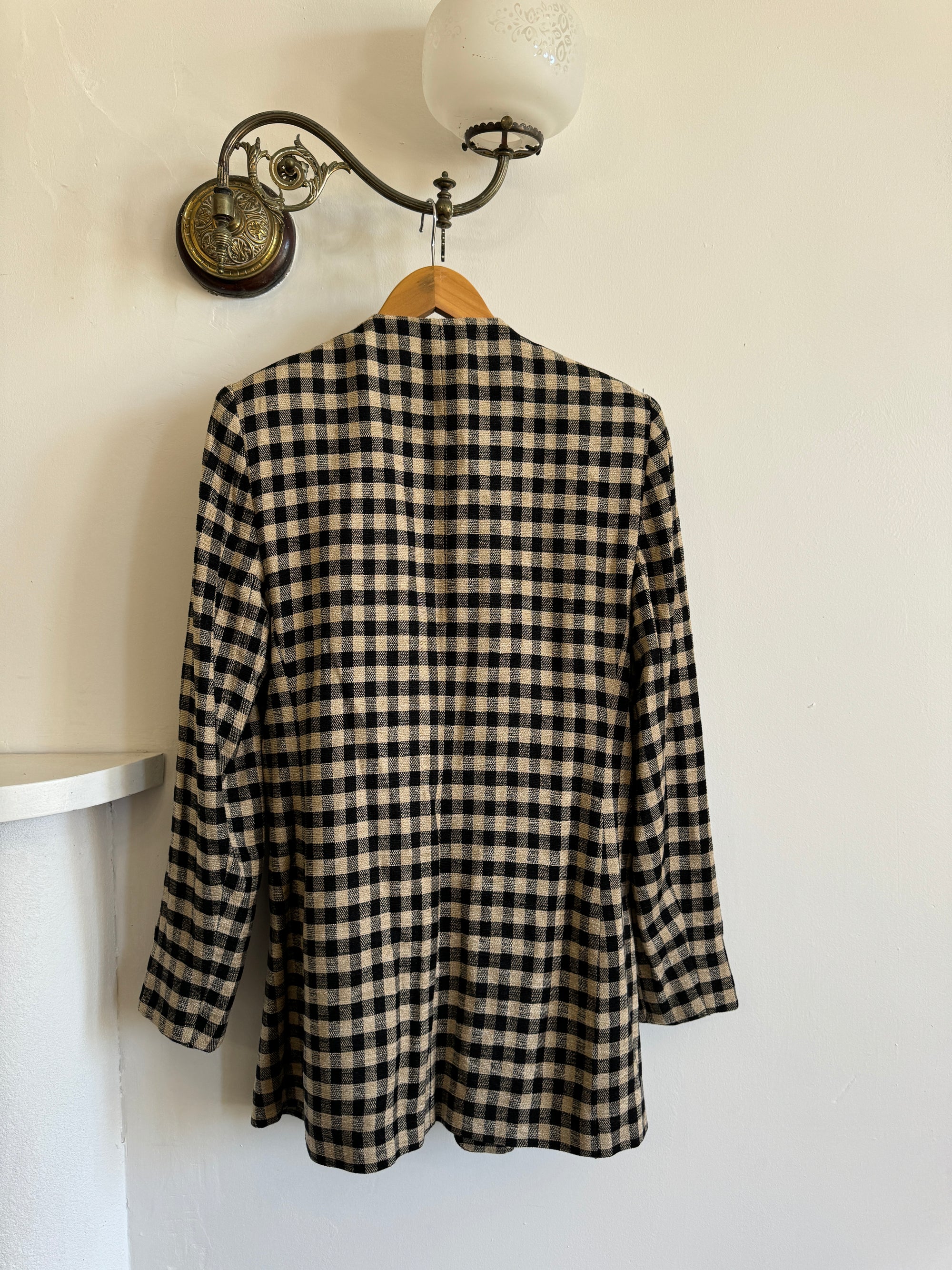 Vintage 90s Black and Caramel Gingham Collarless Blazer