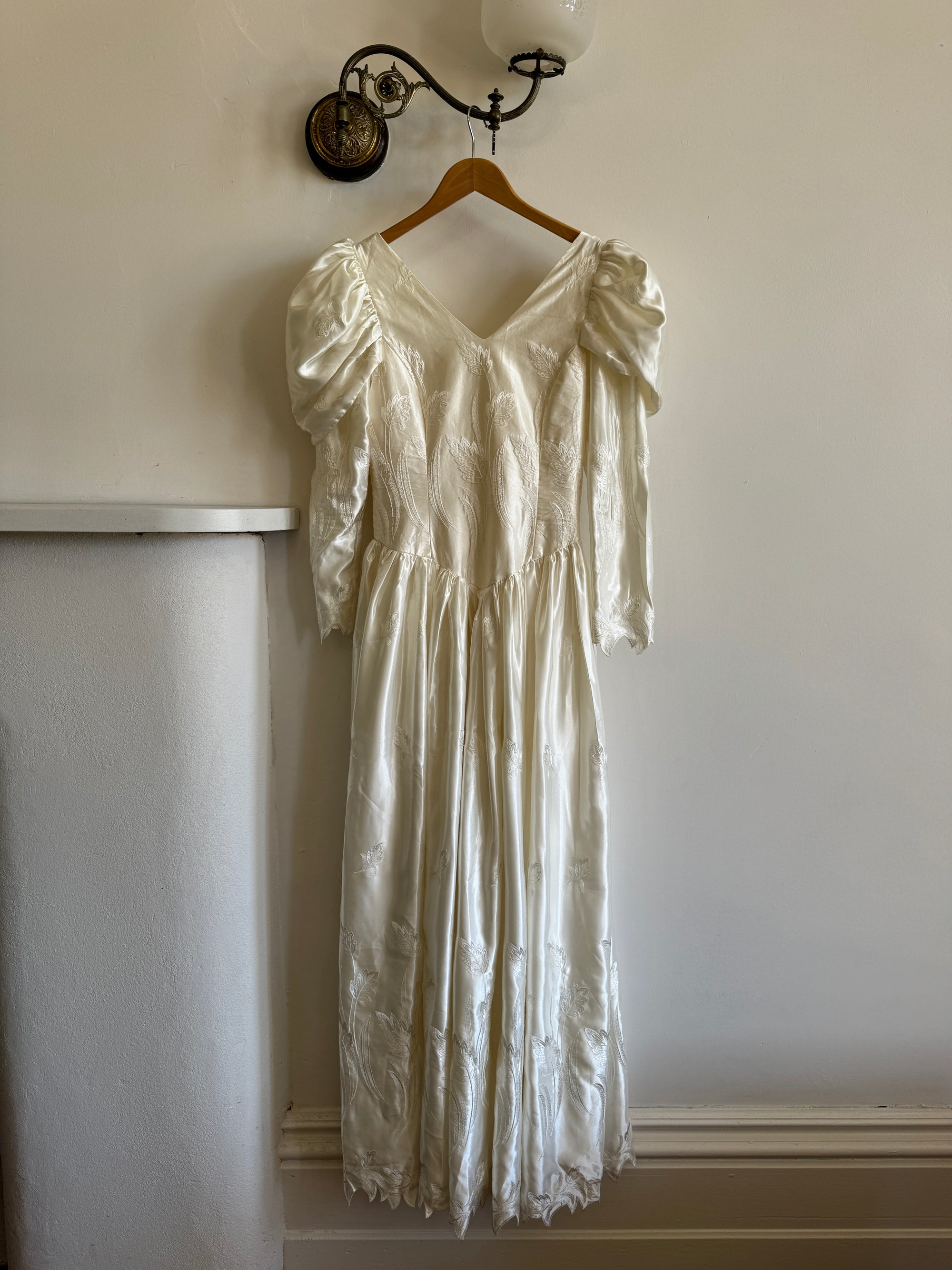 Vintage 80s Puff Sleeve Vine Satin Wedding Gown