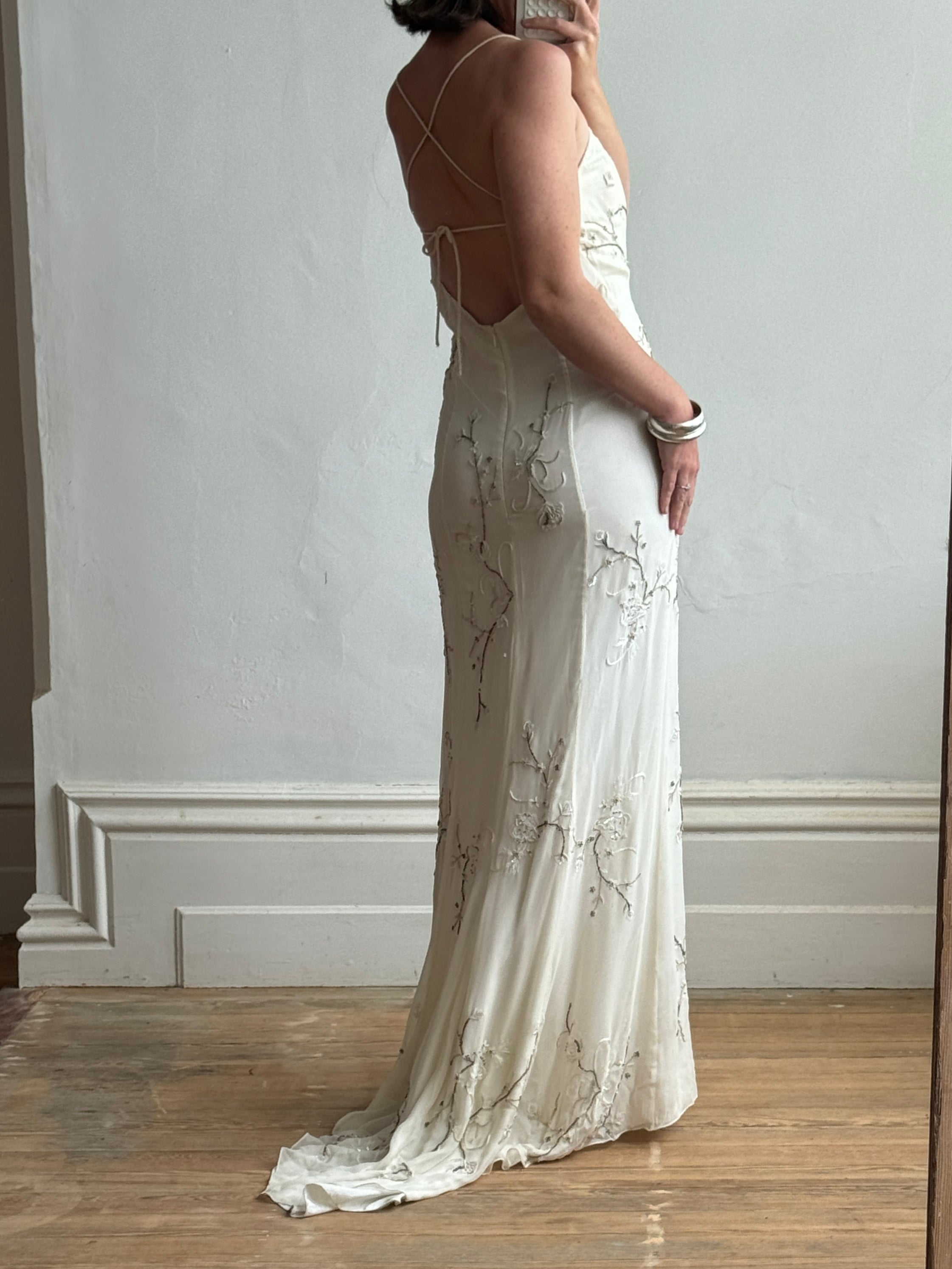 Vintage 90s Pure Silk Slip Embellished Gown