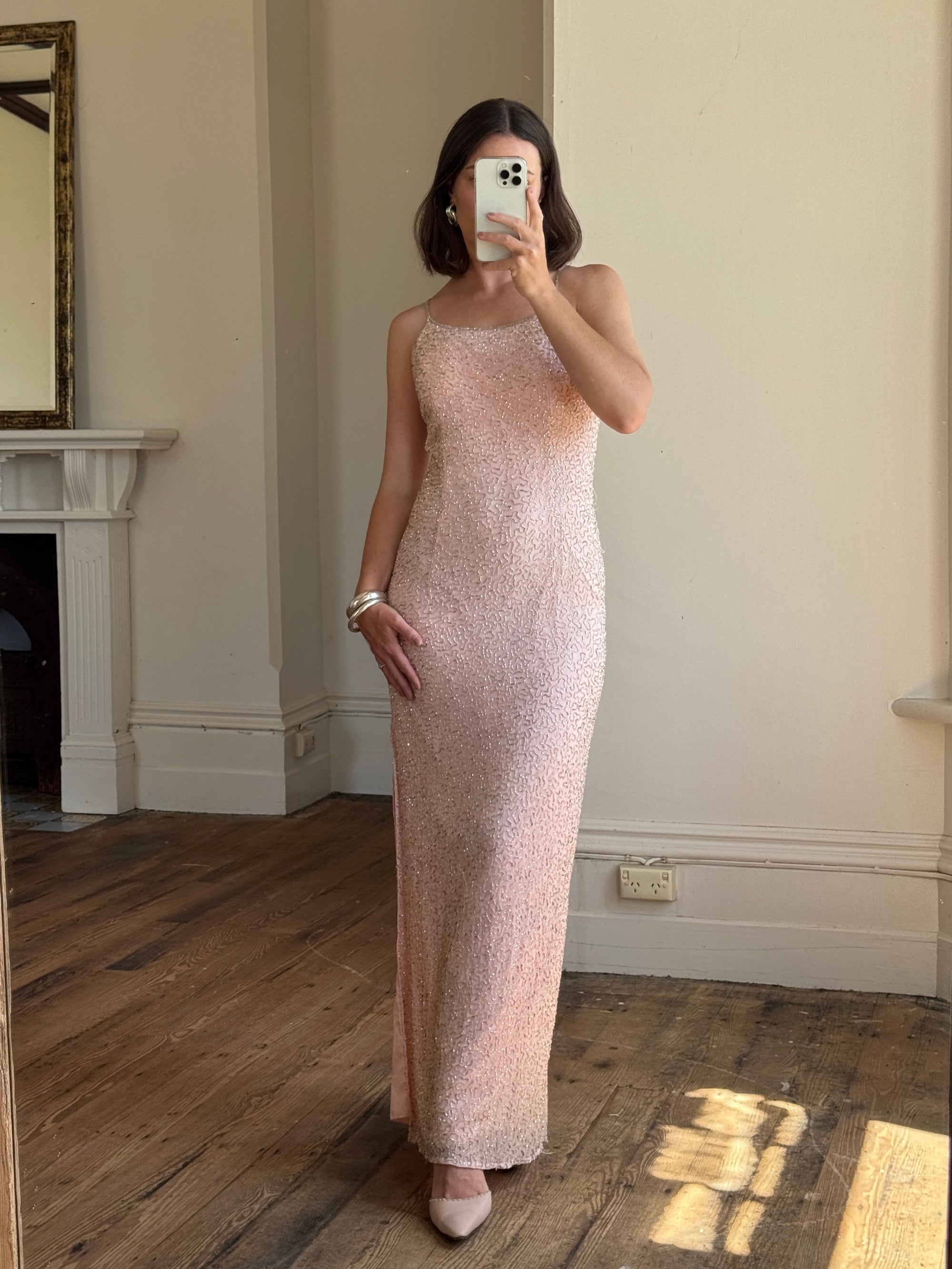 Vintage 90s Beaded Silk Party Dress Blush