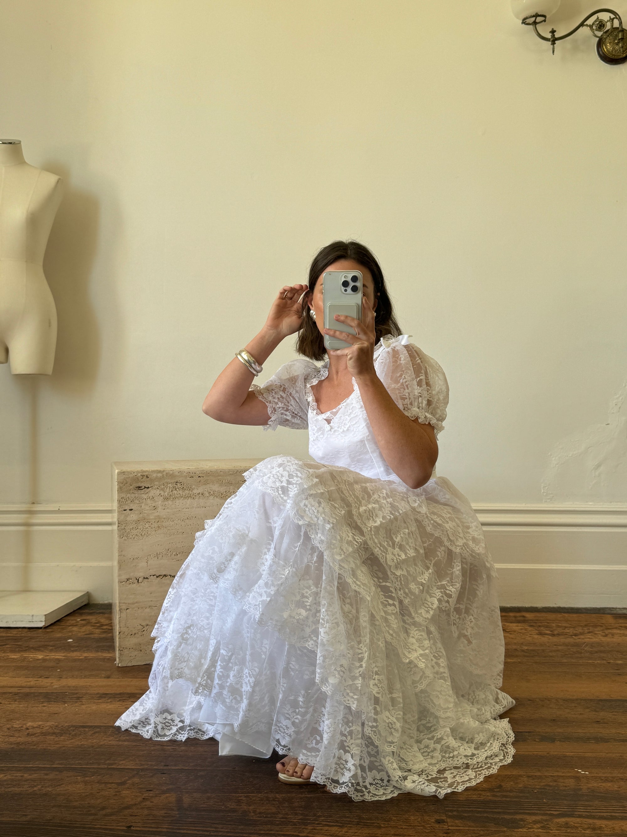 Vintage 70s Tiered Lace Wedding Dress With Ribbon