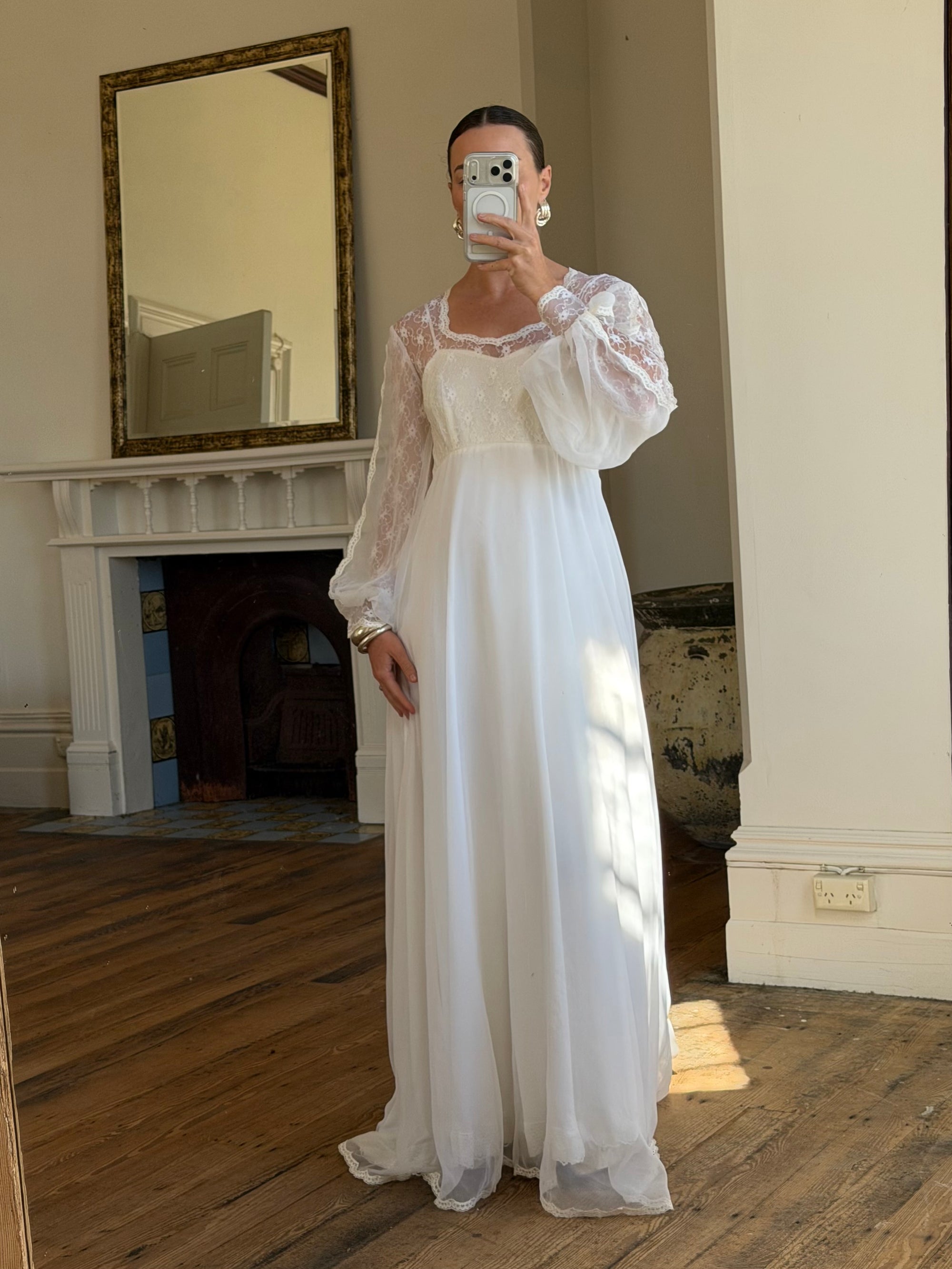 Vintage 60s Poet Sleeve Chiffon Wedding Gown