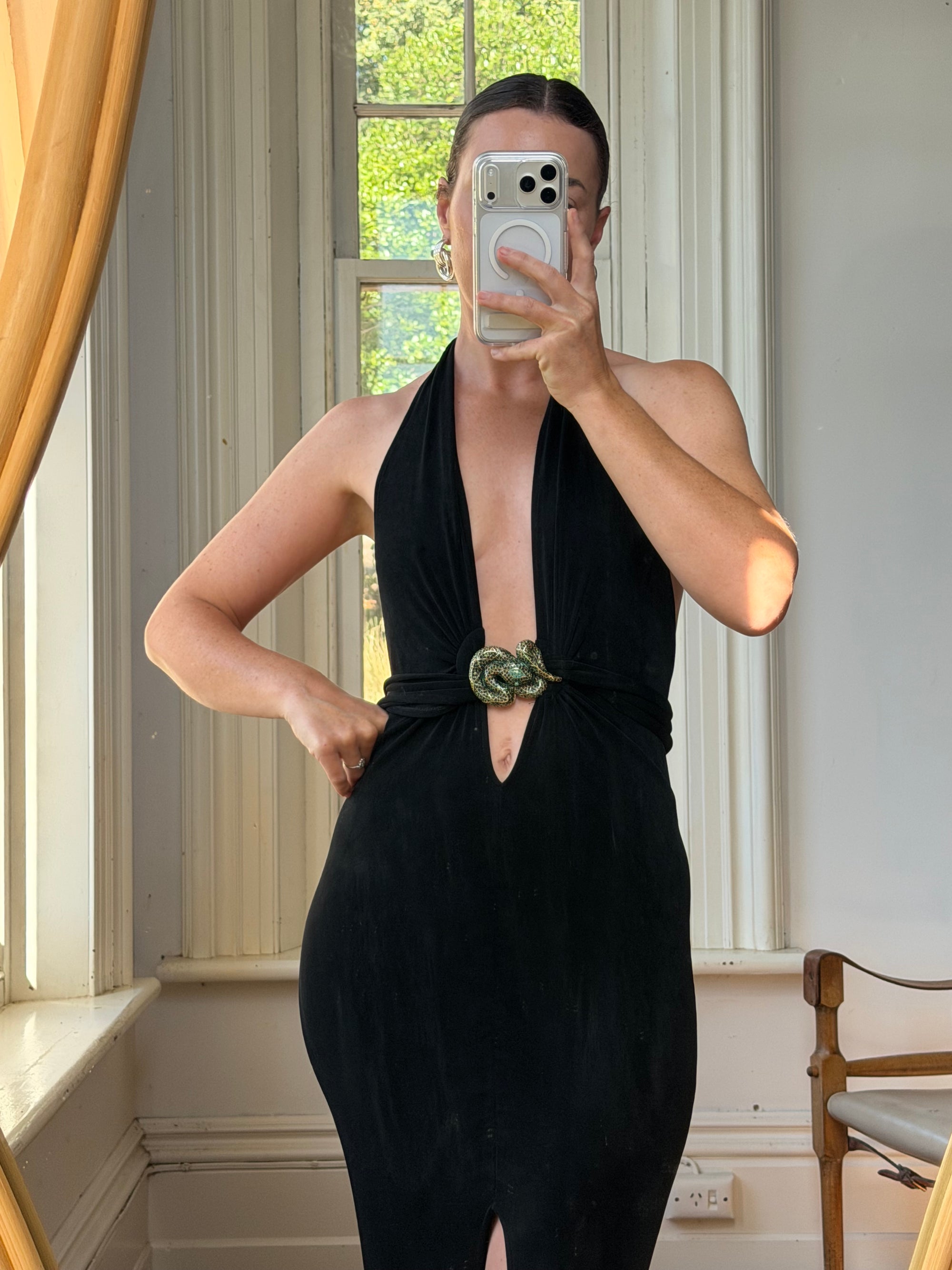 Vintage 90s Low Jersey Evening Dress Rhinestone Snake Noir