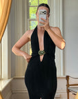 Vintage 90s Low Jersey Evening Dress Rhinestone Snake Noir