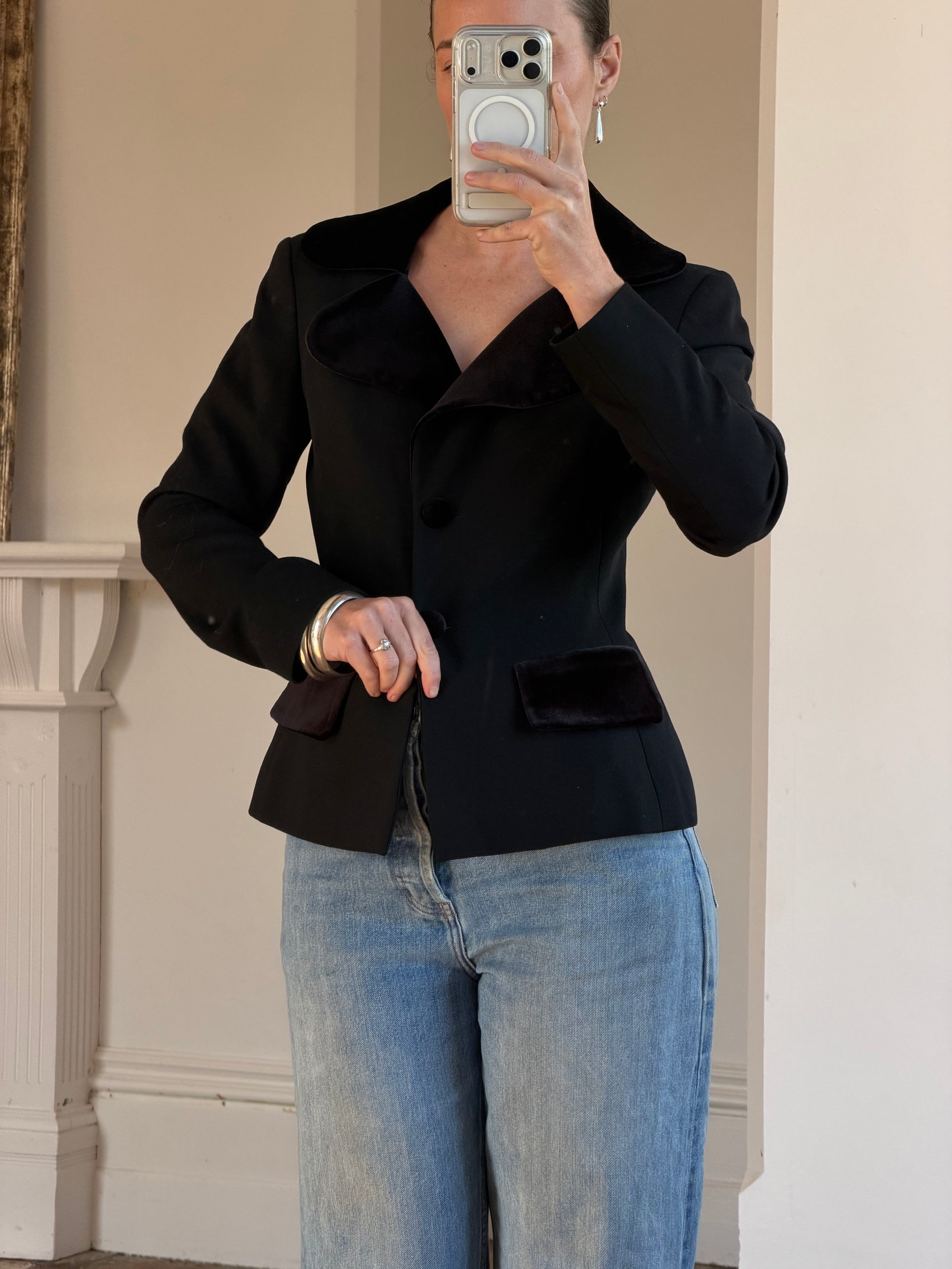 Vintage 90s Velvet Cloverleaf Blazer Noir