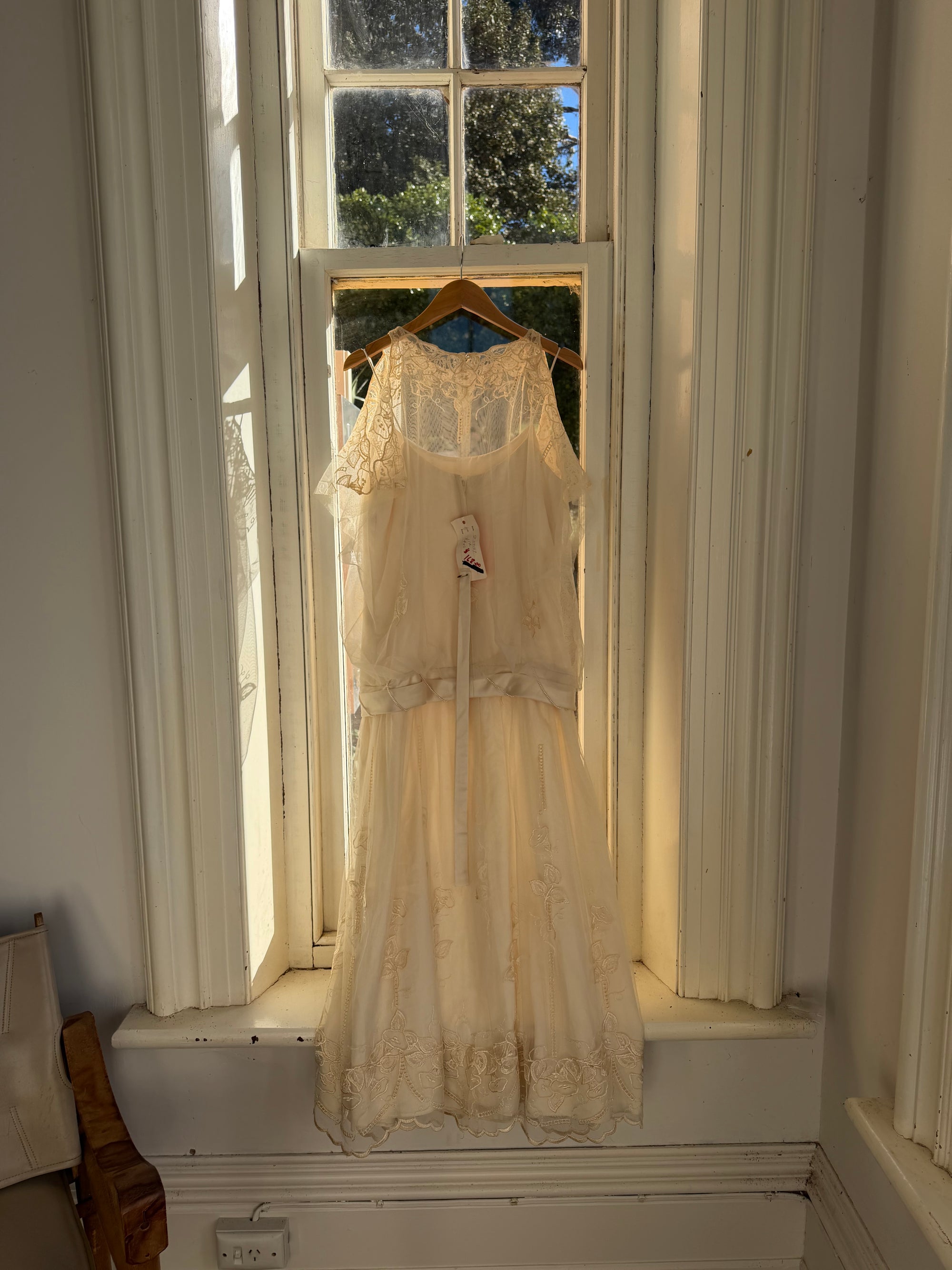 Vintage 80s Drop Waist Floral Sheer Midi Dress Creme