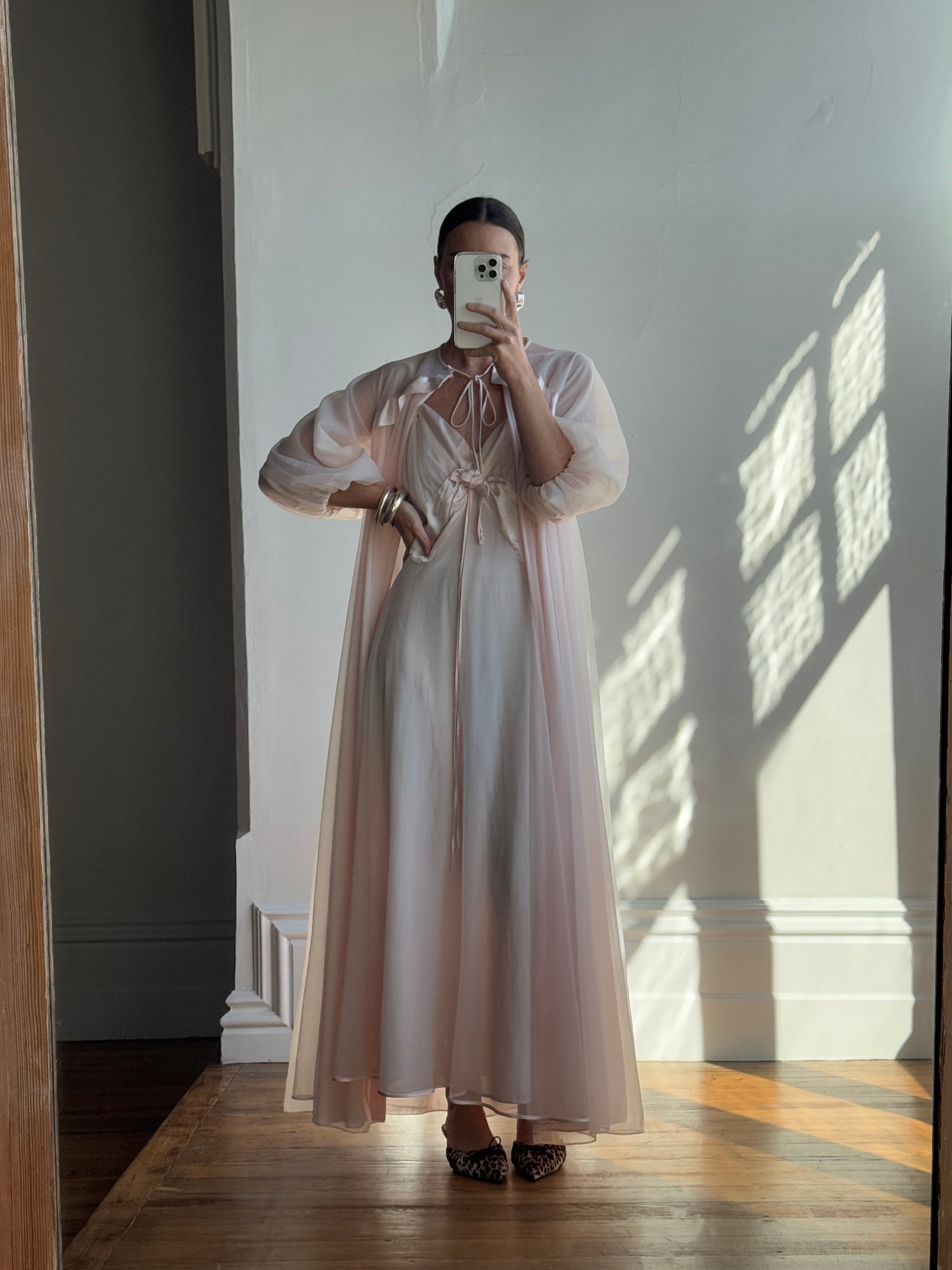 Vintage 60s Rosette Peignoir and Slip Set Pale Pink