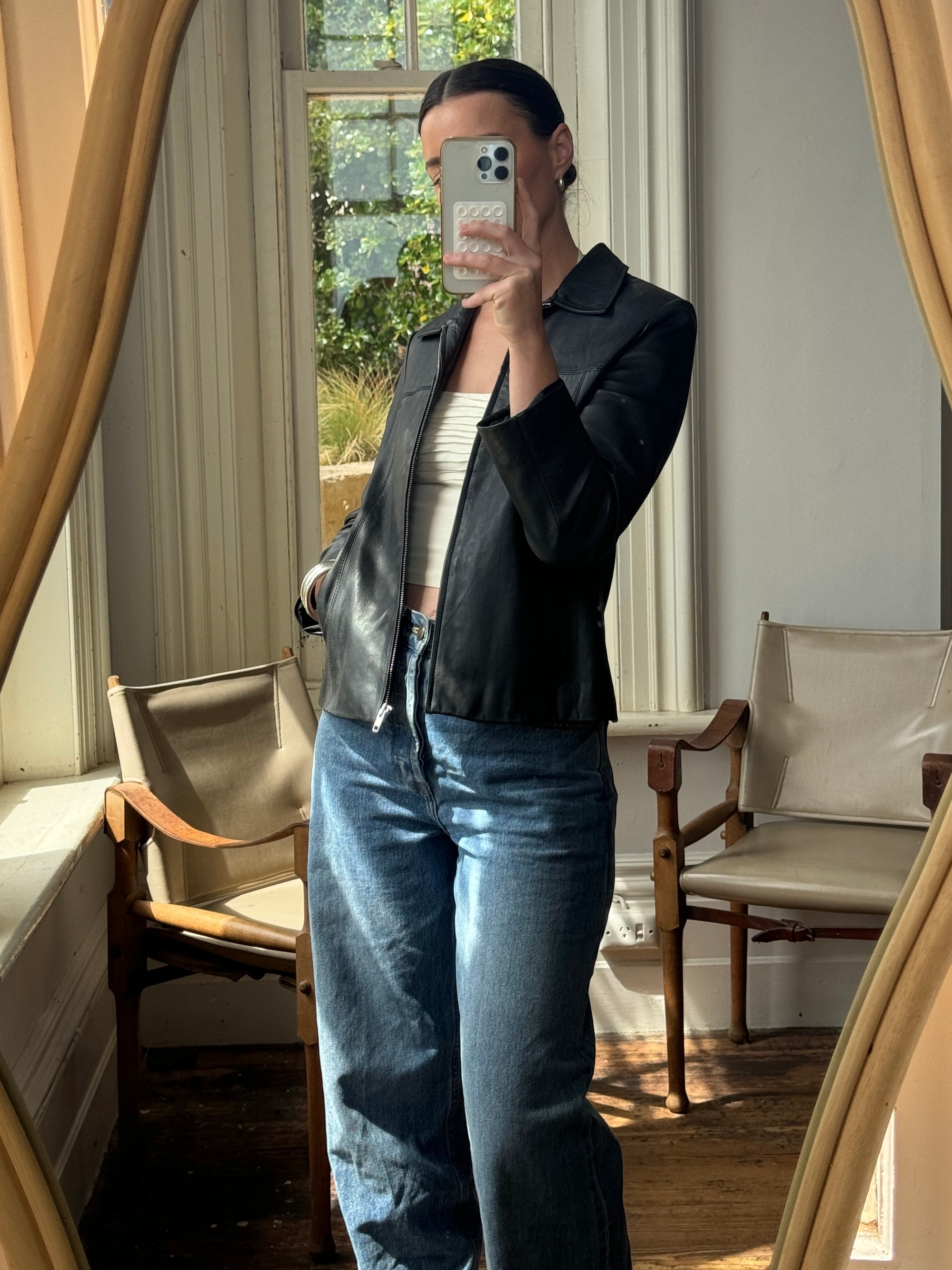 Vintage 90s Zip Front Leather Jacket Noir