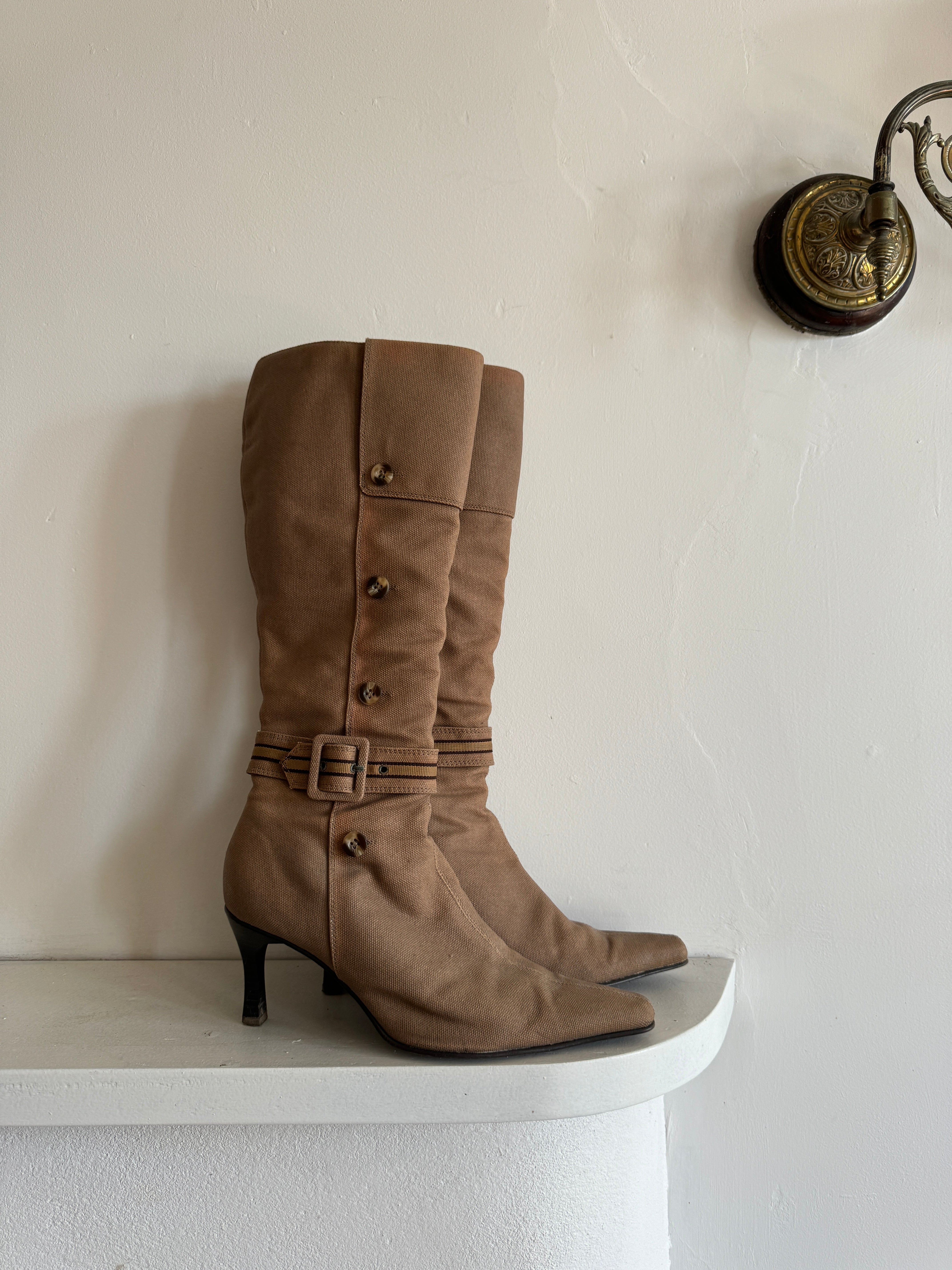 Vintage 90s Canvas Calf High Pointed Boots Latte